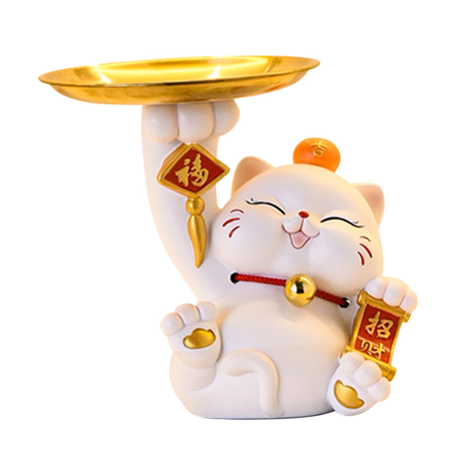 Cute Lucky Cat Statue Home Decor Jewelry Tray for Bookshelf Cabinet Bathroom White
