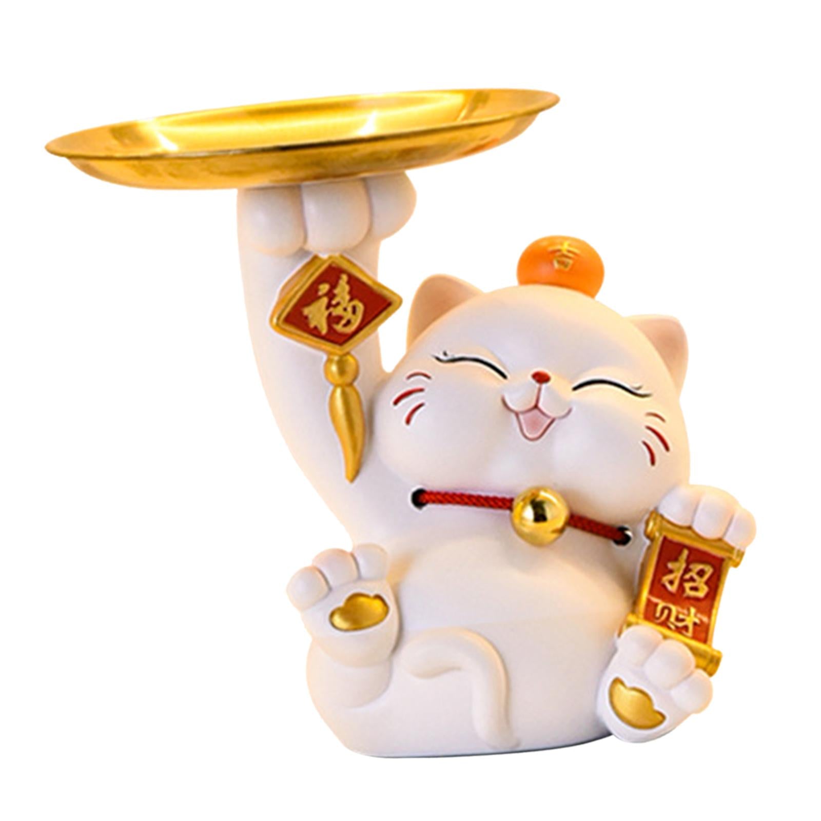 Cute Lucky Cat Statue Home Decor Jewelry Tray for Bookshelf Cabinet Bathroom White