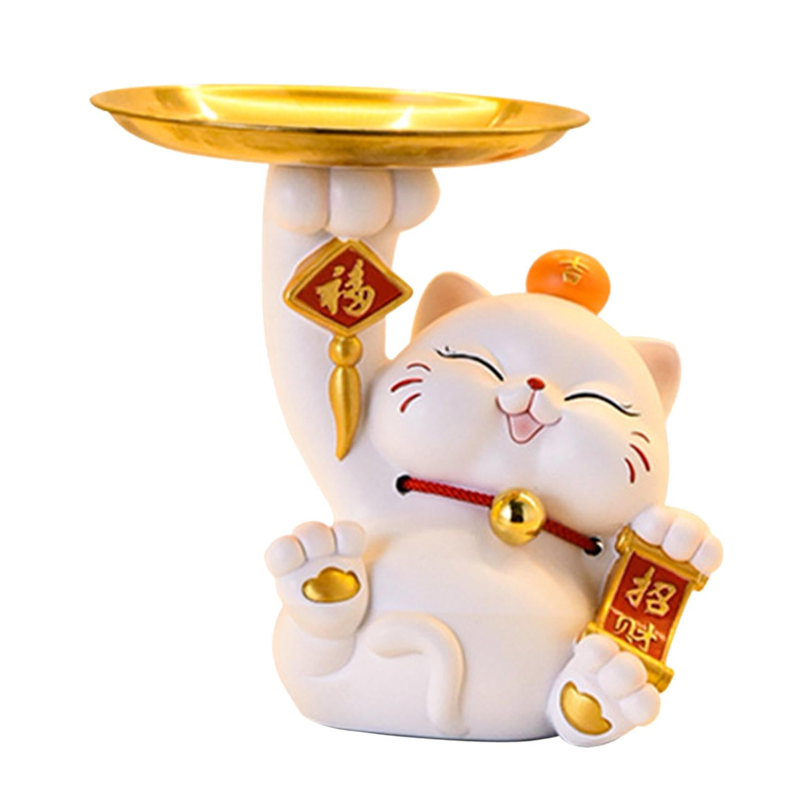 Cute Lucky Cat Statue Home Decor Jewelry Tray for Bookshelf Cabinet Bathroom White