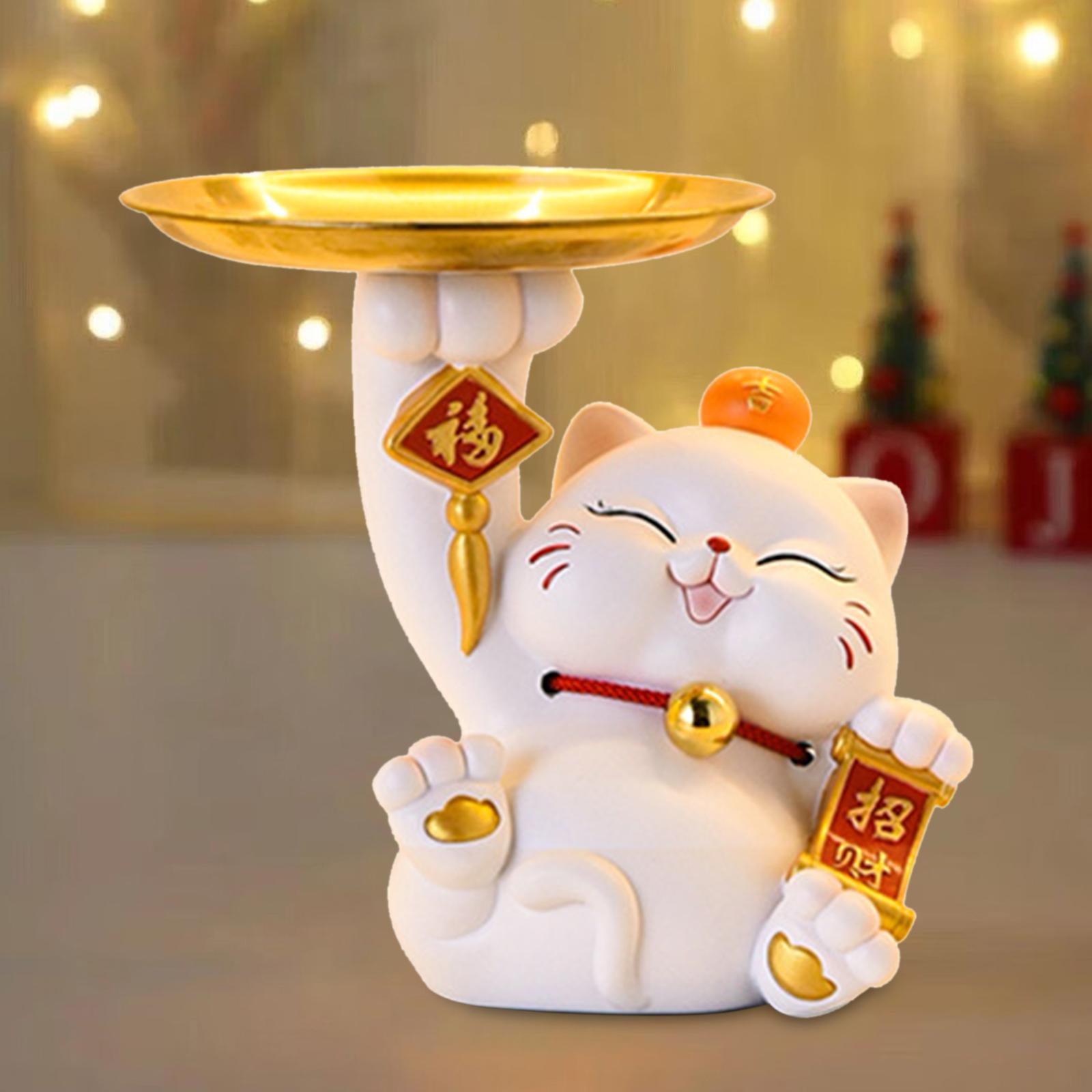 Cute Lucky Cat Statue Home Decor Jewelry Tray for Bookshelf Cabinet Bathroom White