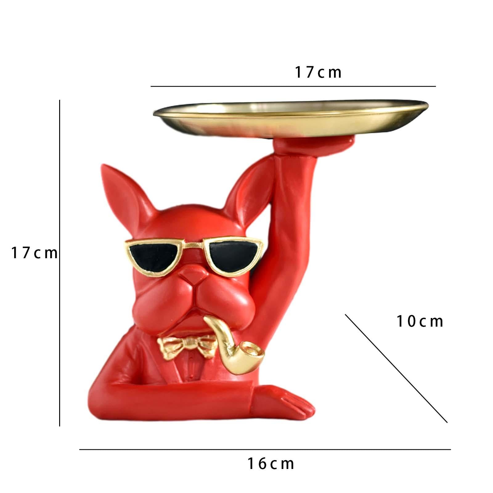 Dog Statue Storage Tray 17cm Diameter Tray Bulldog Figurine for Home Bedroom Red