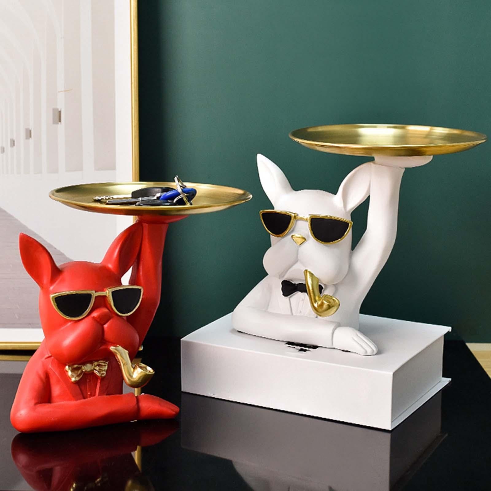 Dog Statue Storage Tray 17cm Diameter Tray Bulldog Figurine for Home Bedroom Red