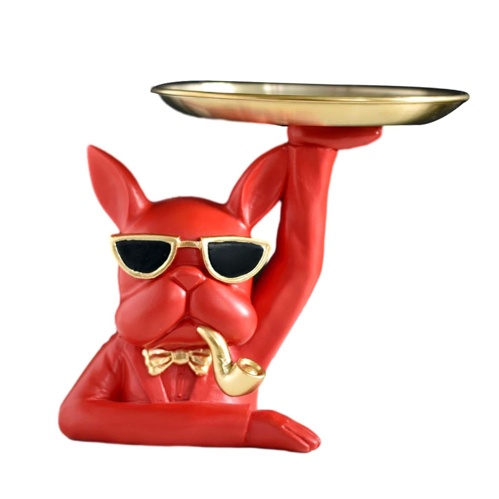 Dog Statue Storage Tray 17cm Diameter Tray Bulldog Figurine for Home Bedroom Red