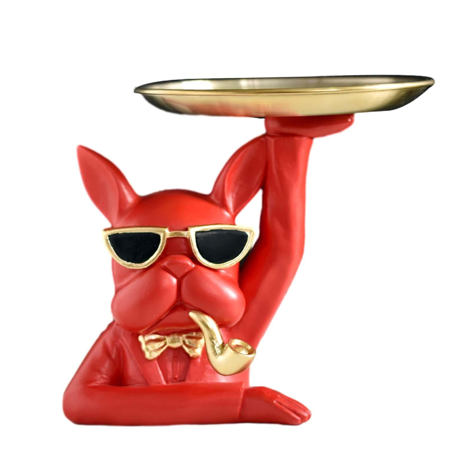 Dog Statue Storage Tray 17cm Diameter Tray Bulldog Figurine for Home Bedroom Red