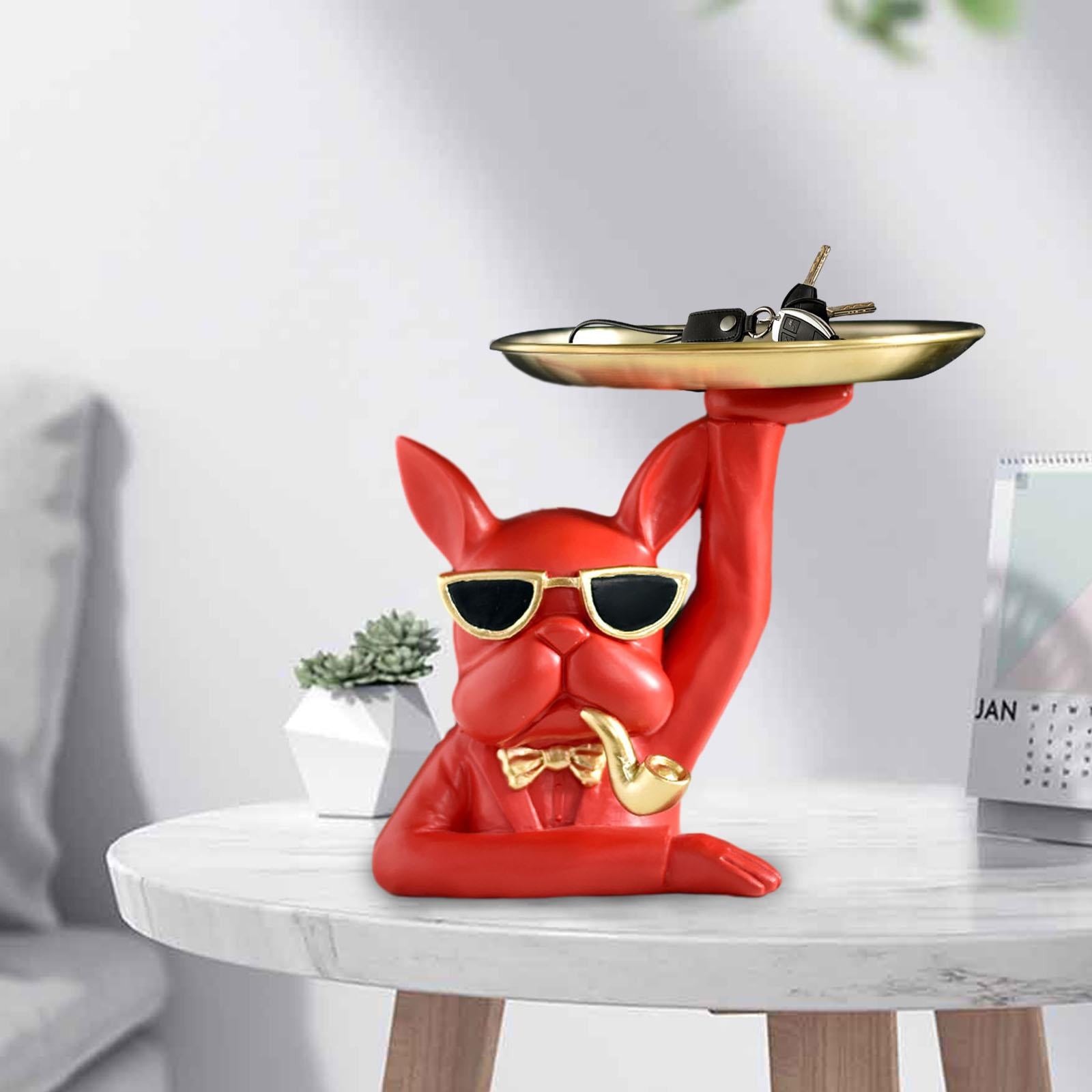 Dog Statue Storage Tray 17cm Diameter Tray Bulldog Figurine for Home Bedroom Red