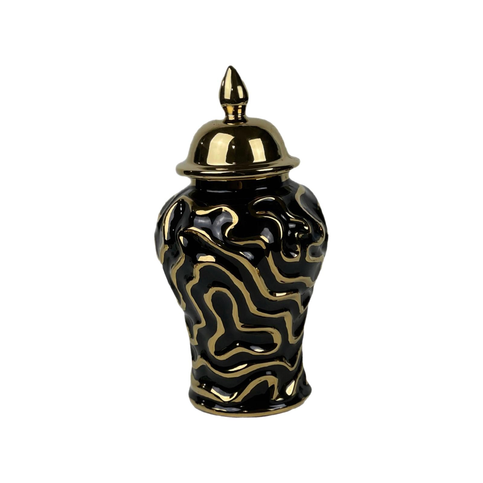 Porcelain Ginger Jar with Lid Traditional Decor Jar Ceramic Flower Vase Black 15x15x29cm