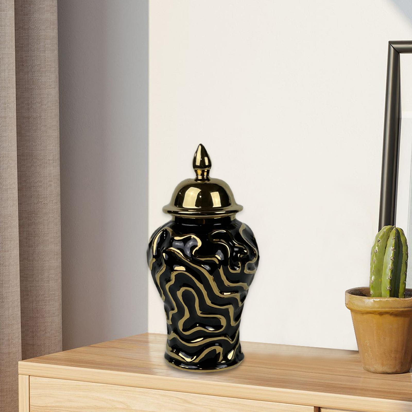 Porcelain Ginger Jar with Lid Traditional Decor Jar Ceramic Flower Vase Black 15x15x29cm