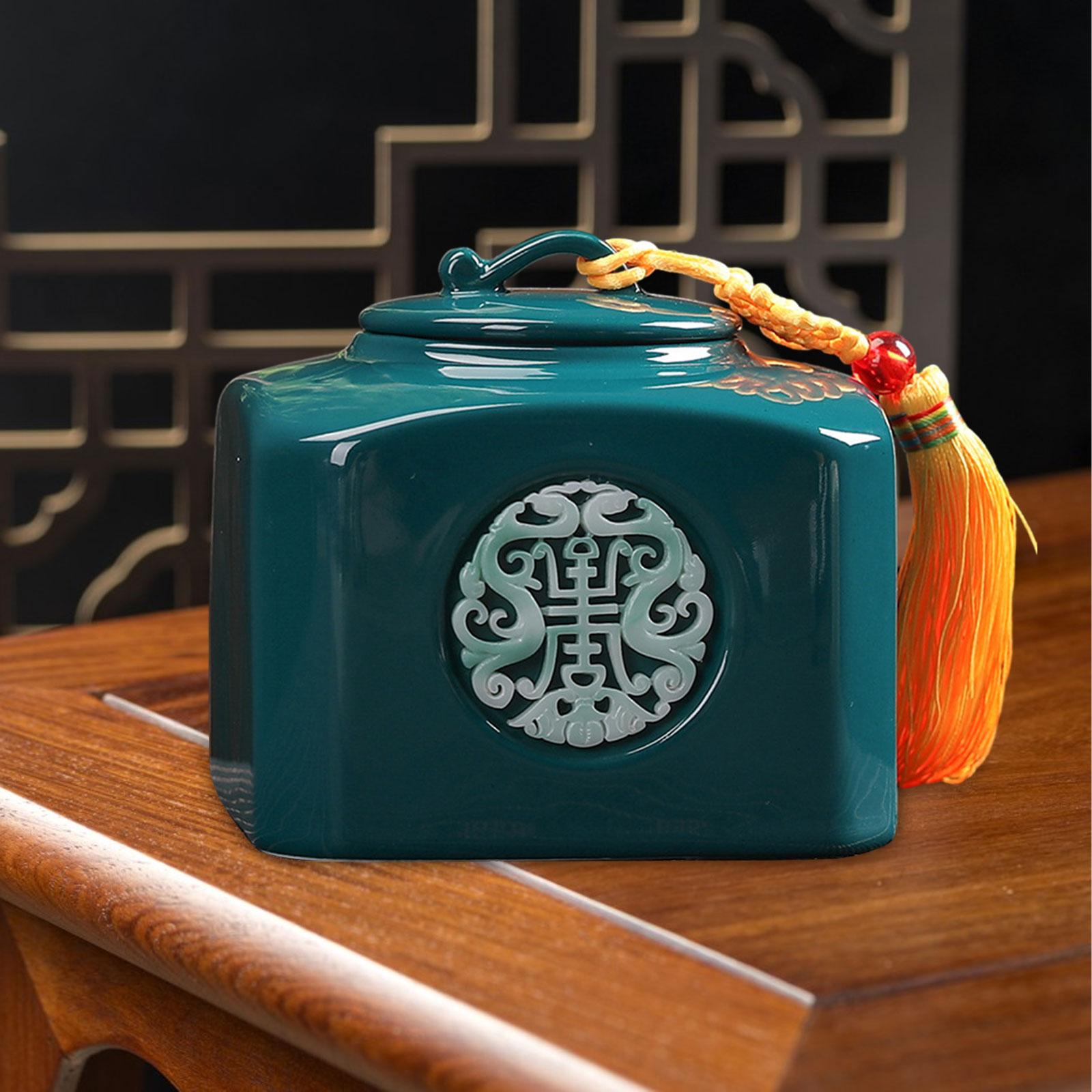 Porcelain Tea Canister Desk Food Storage Jar Classical Ceramic Tea Container Green