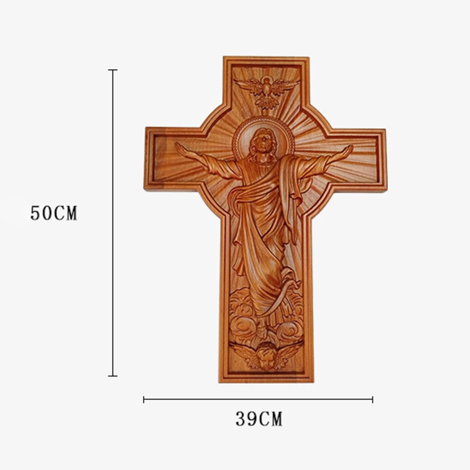 Crucifix Savior Jesus Wooden Wall Cross Hand Carving for Housewarming Sturdy 50x39x3.5cm