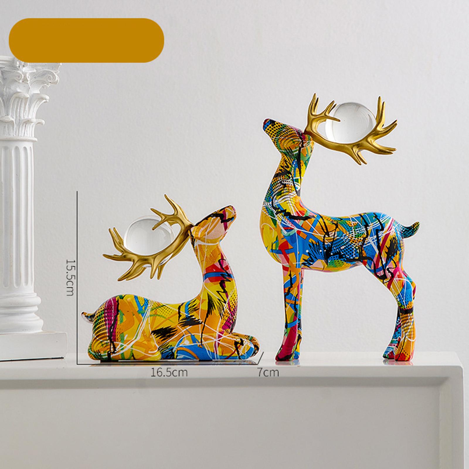 2x Deer Statue Reindeer Figurine with Ball Collection for Desk Shelf Wedding Line Colorful