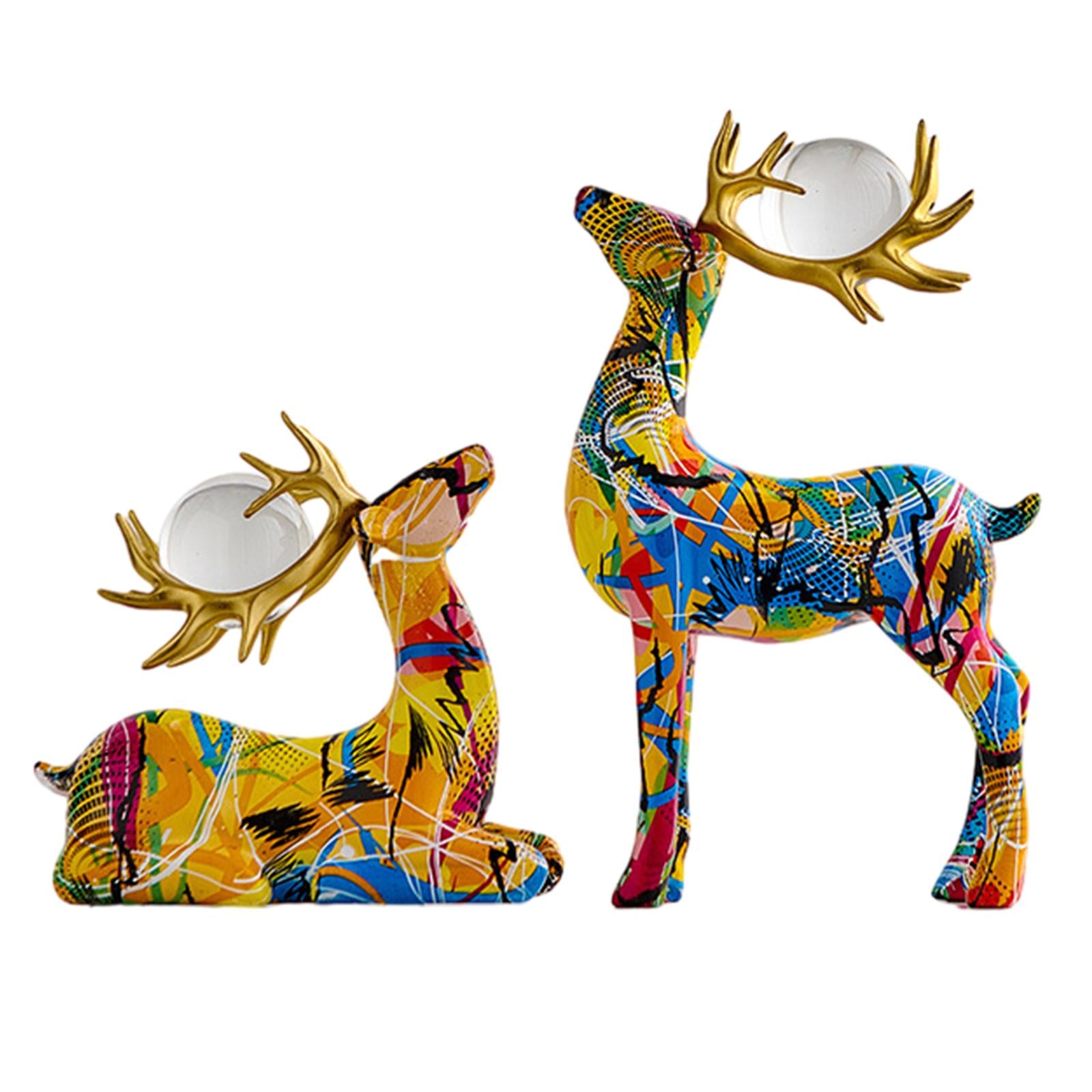 2x Deer Statue Reindeer Figurine with Ball Collection for Desk Shelf Wedding Line Colorful