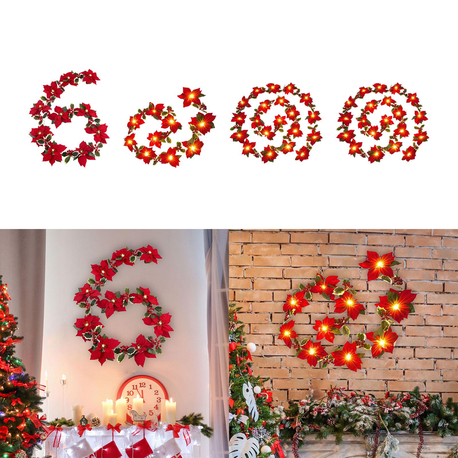 Artificial Poinsettia Garland for Wedding Party Home Decor Fireplace Mantles 2 meters 10 lights A