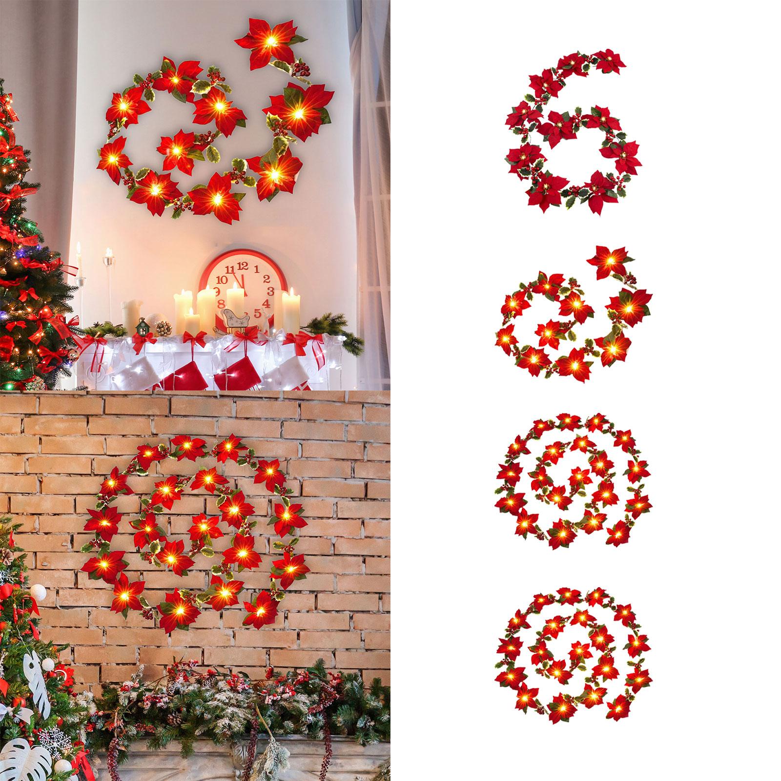Artificial Poinsettia Garland for Wedding Party Home Decor Fireplace Mantles 2 meters 10 lights A