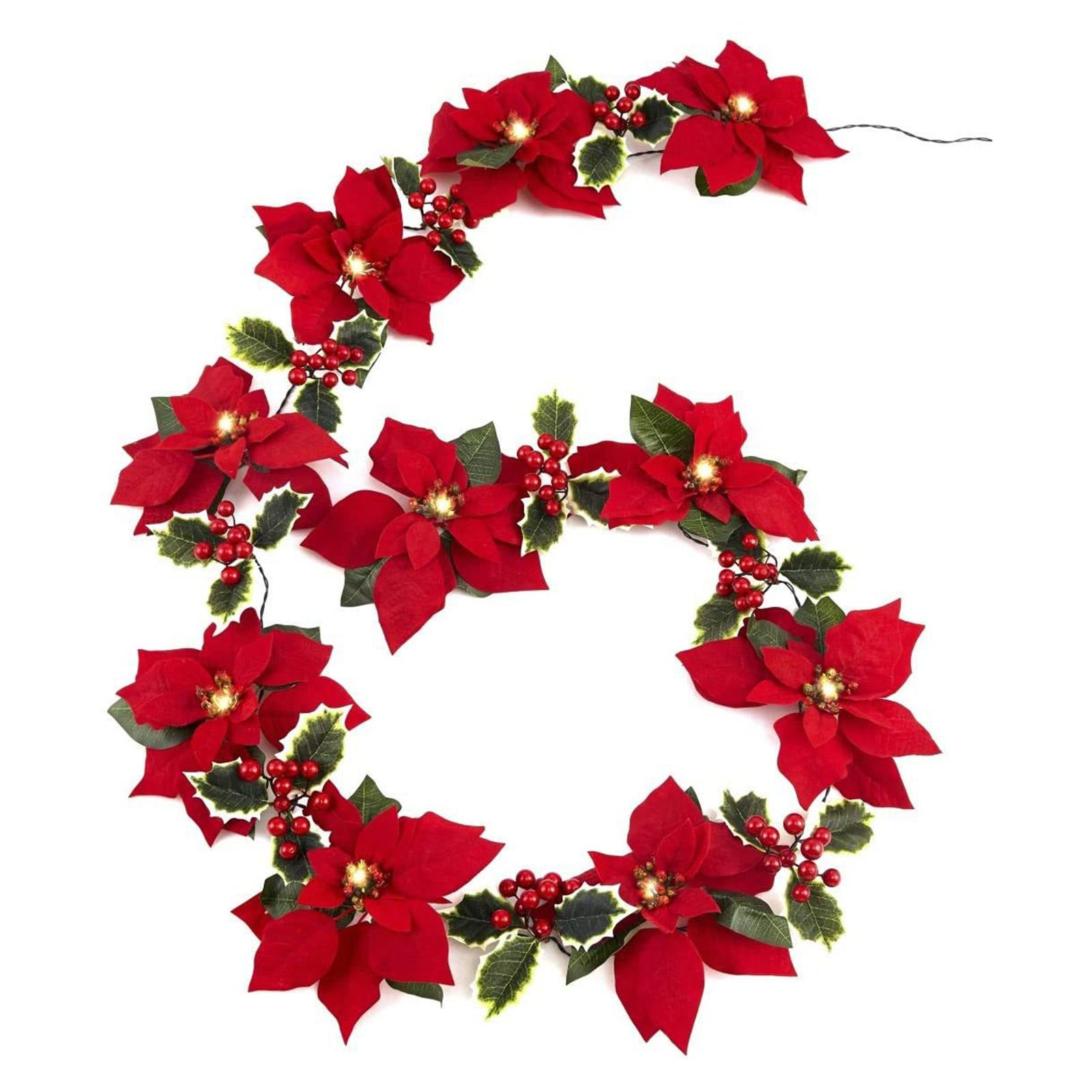 Artificial Poinsettia Garland for Wedding Party Home Decor Fireplace Mantles 2 meters 10 lights B