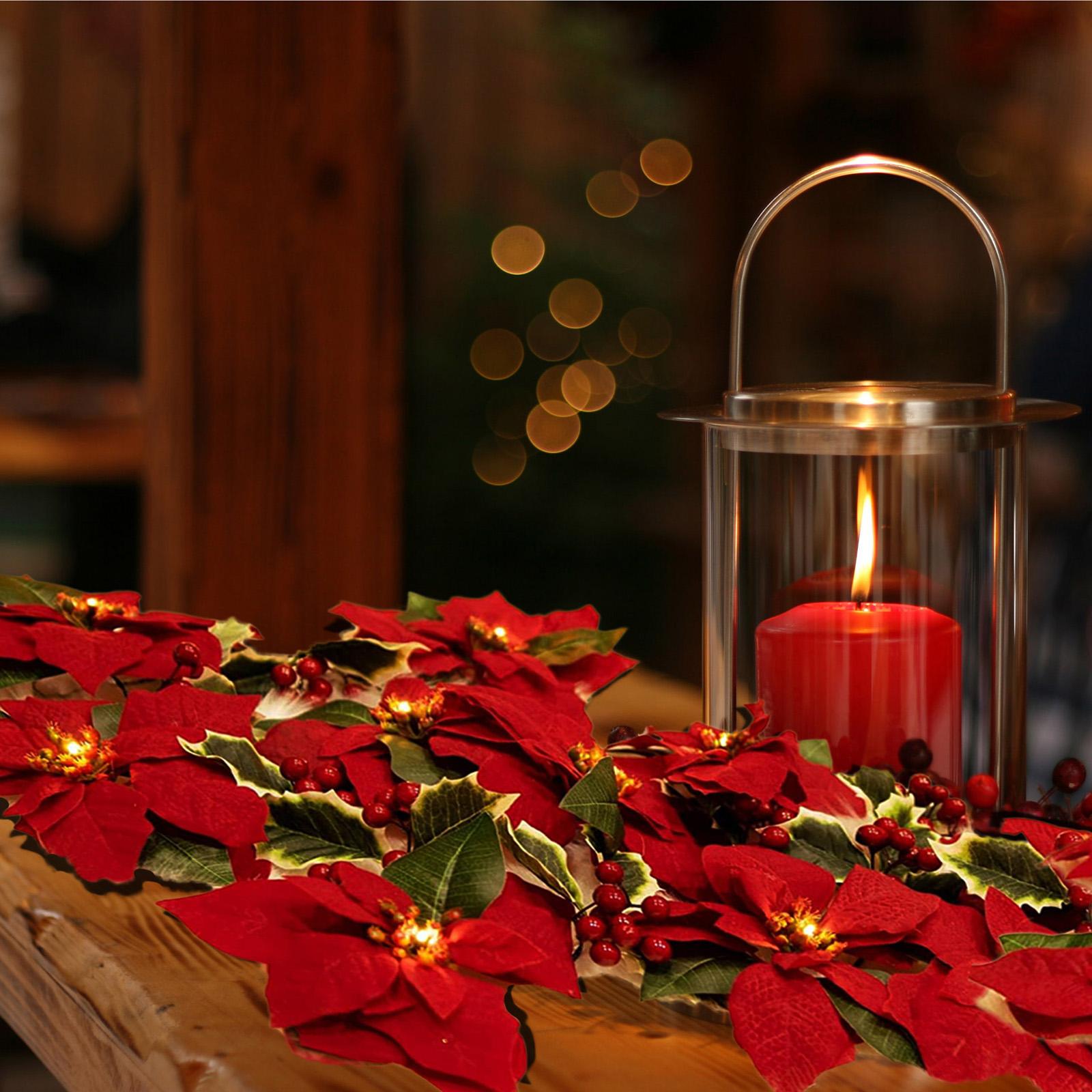 Artificial Poinsettia Garland for Wedding Party Home Decor Fireplace Mantles 3 meters 20 lights