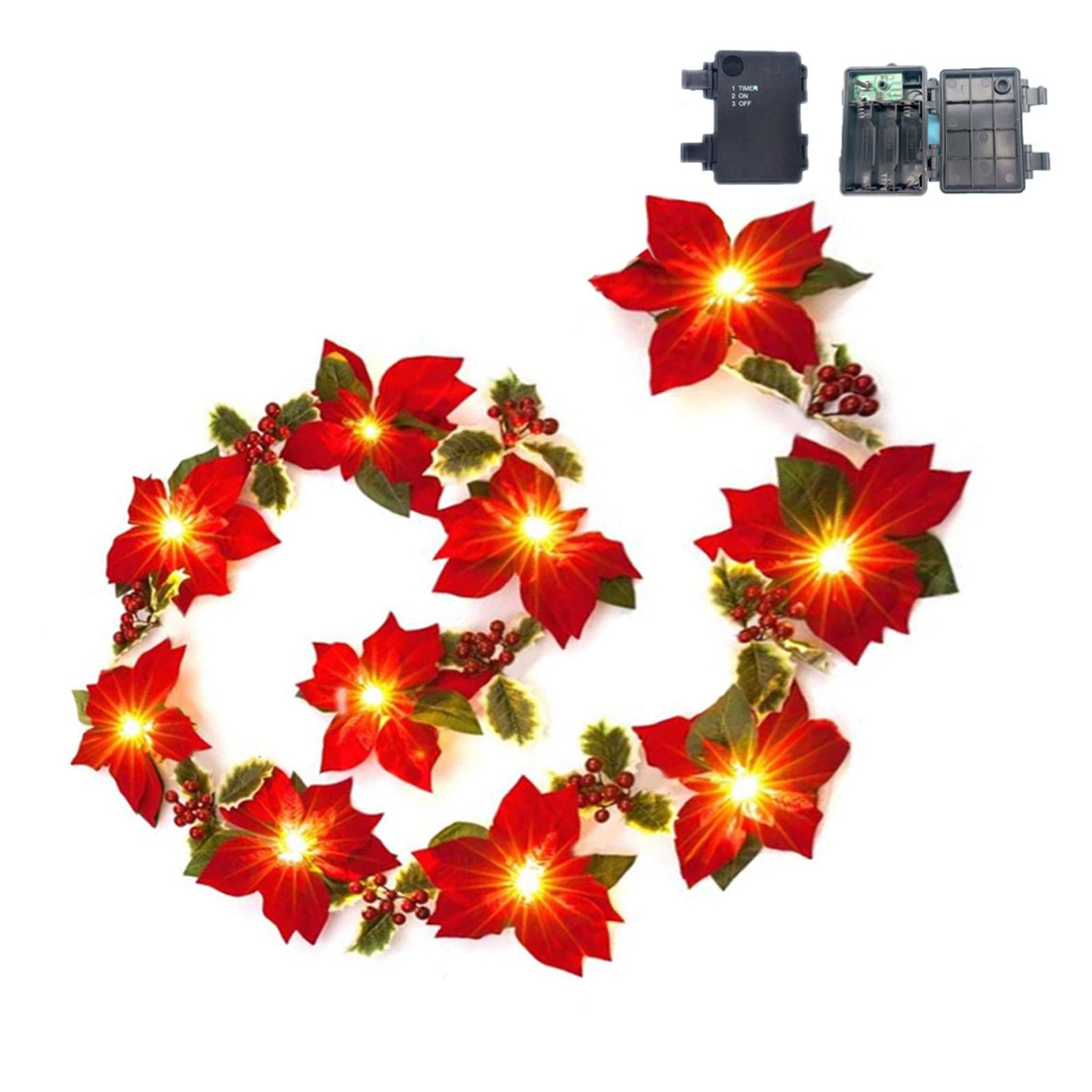 Artificial Poinsettia Garland for Wedding Party Home Decor Fireplace Mantles 3 meters 20 lights
