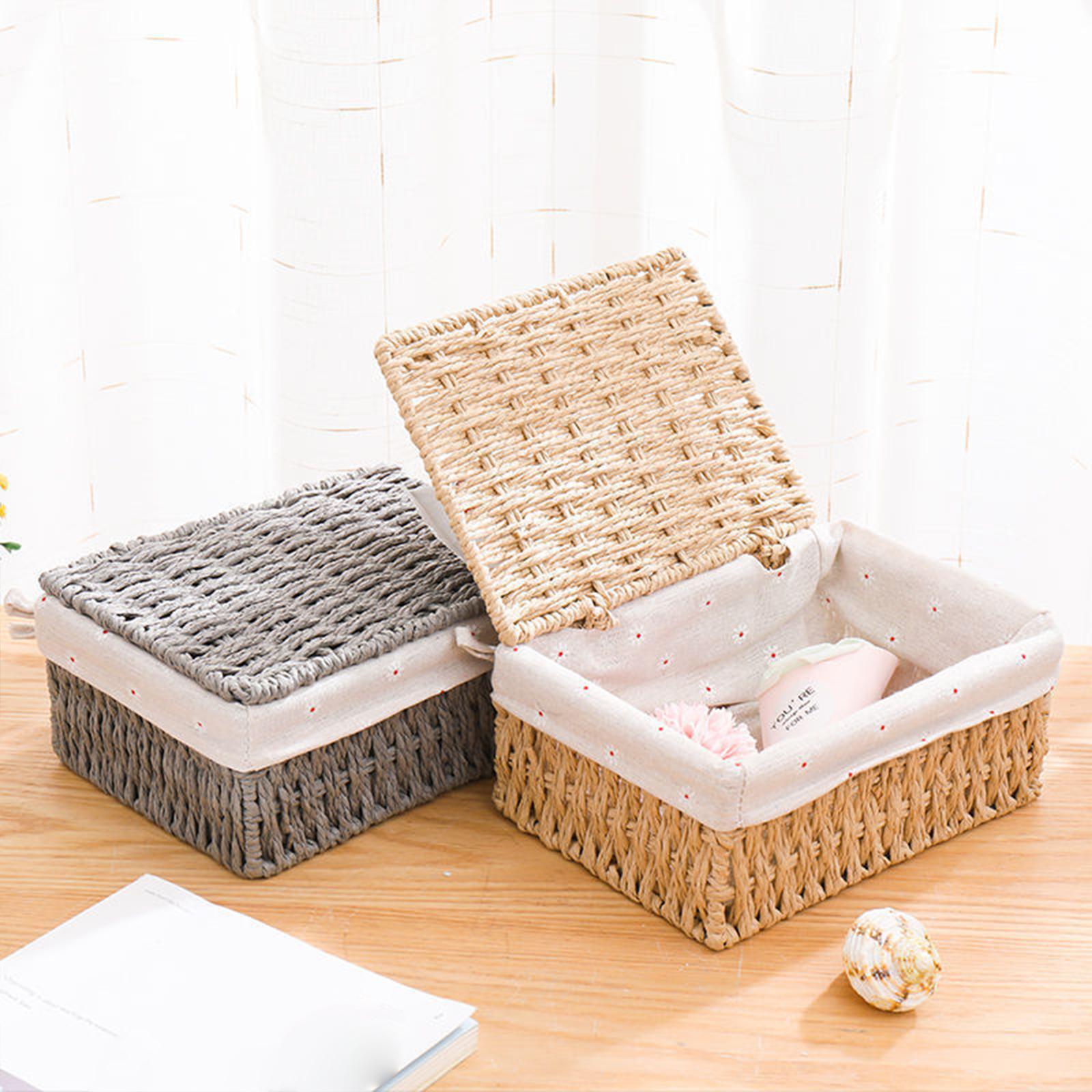 Desktop Storage Basket Stackable Cabinet Organizer for Vanity Shelves Closet Khaki S with Lid