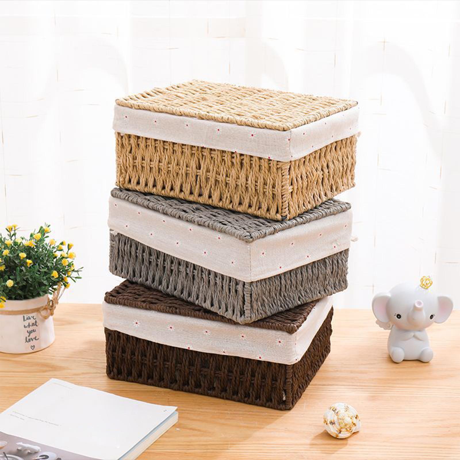 Desktop Storage Basket Stackable Cabinet Organizer for Vanity Shelves Closet Khaki S with Lid