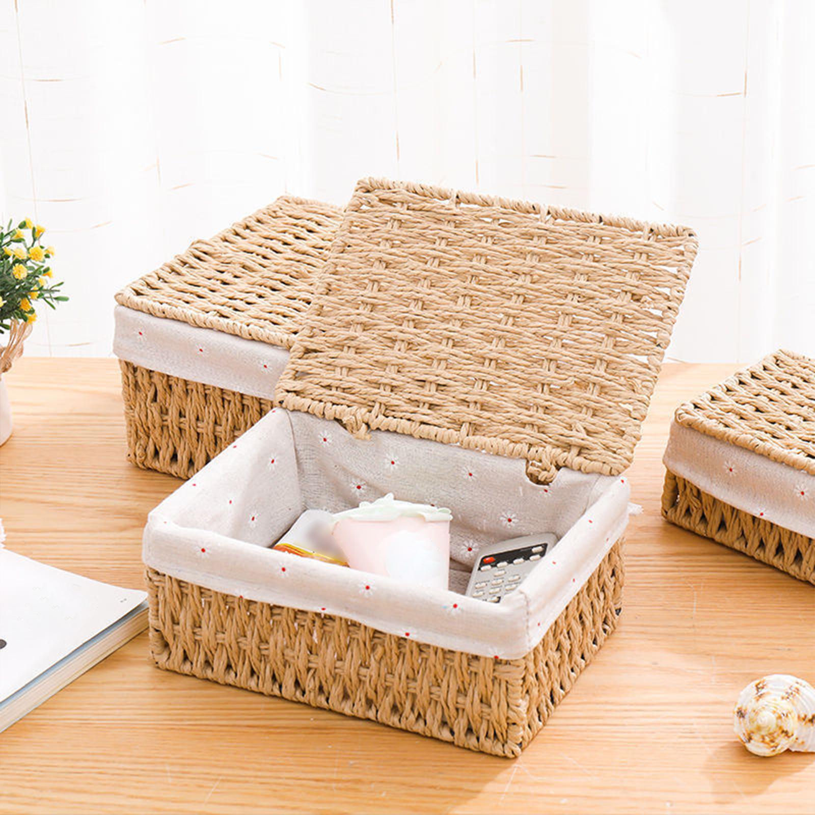 Desktop Storage Basket Stackable Cabinet Organizer for Vanity Shelves Closet Khaki M with Lid