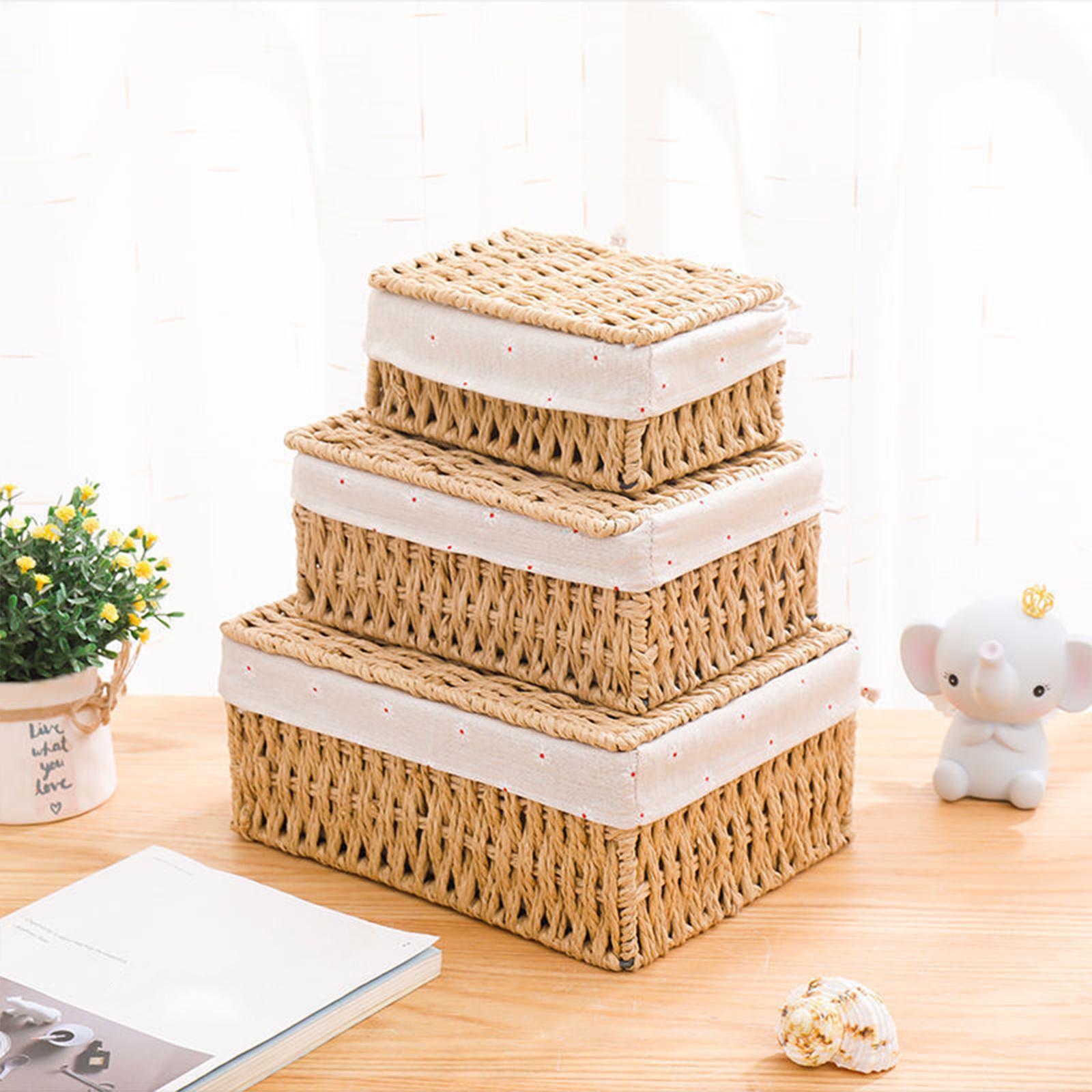Desktop Storage Basket Stackable Cabinet Organizer for Vanity Shelves Closet Khaki M with Lid