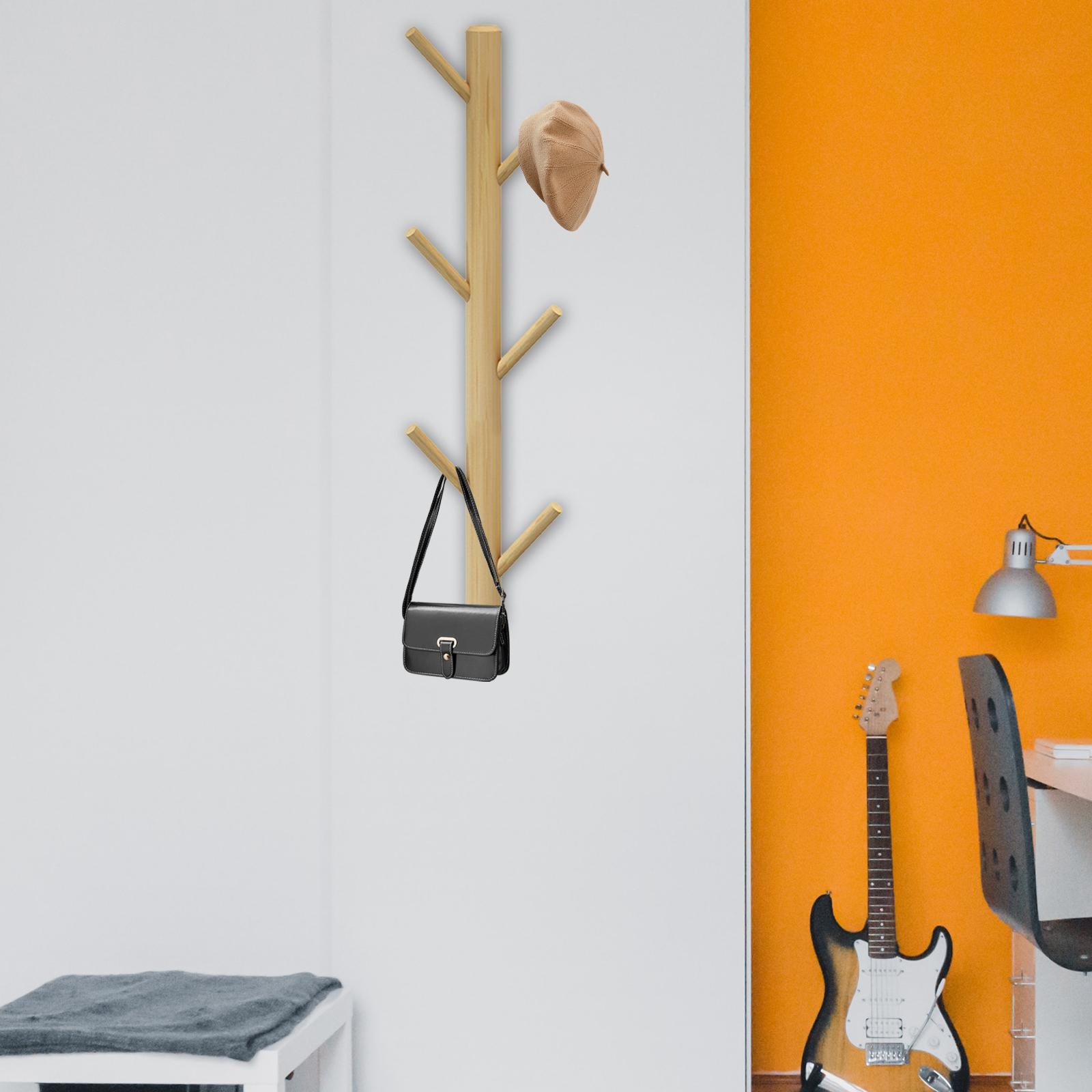 Wall Mounted Clothing Rack Wall Clothing Hanger for Front Door Bathroom Entryway 6 Hook Wood Color