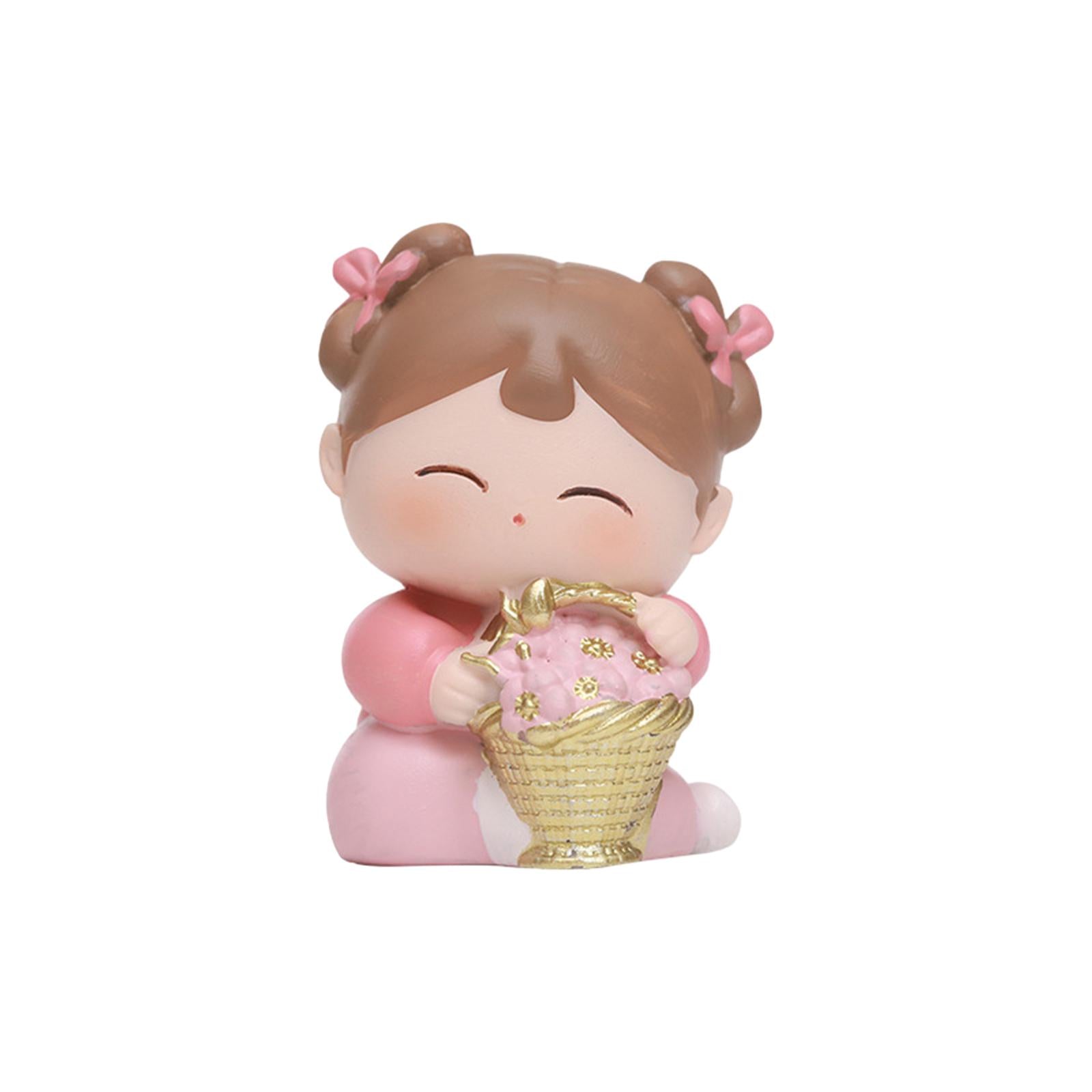 Traditional Chinese Girls Statue Resin Sculpture Cabinet Miniature Figurines 4cmx3.5cmx6cm with Flower Basket