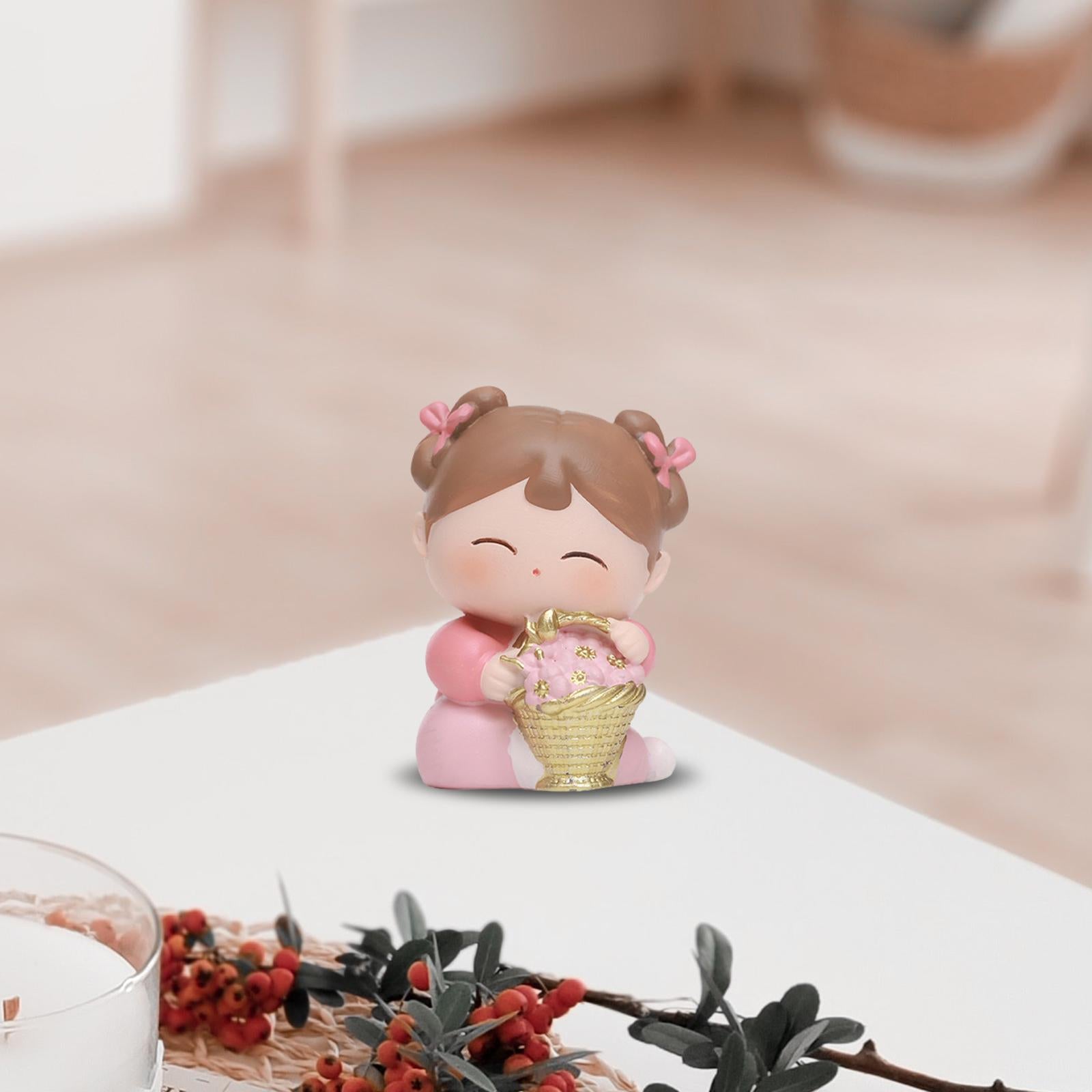 Traditional Chinese Girls Statue Resin Sculpture Cabinet Miniature Figurines 4cmx3.5cmx6cm with Flower Basket