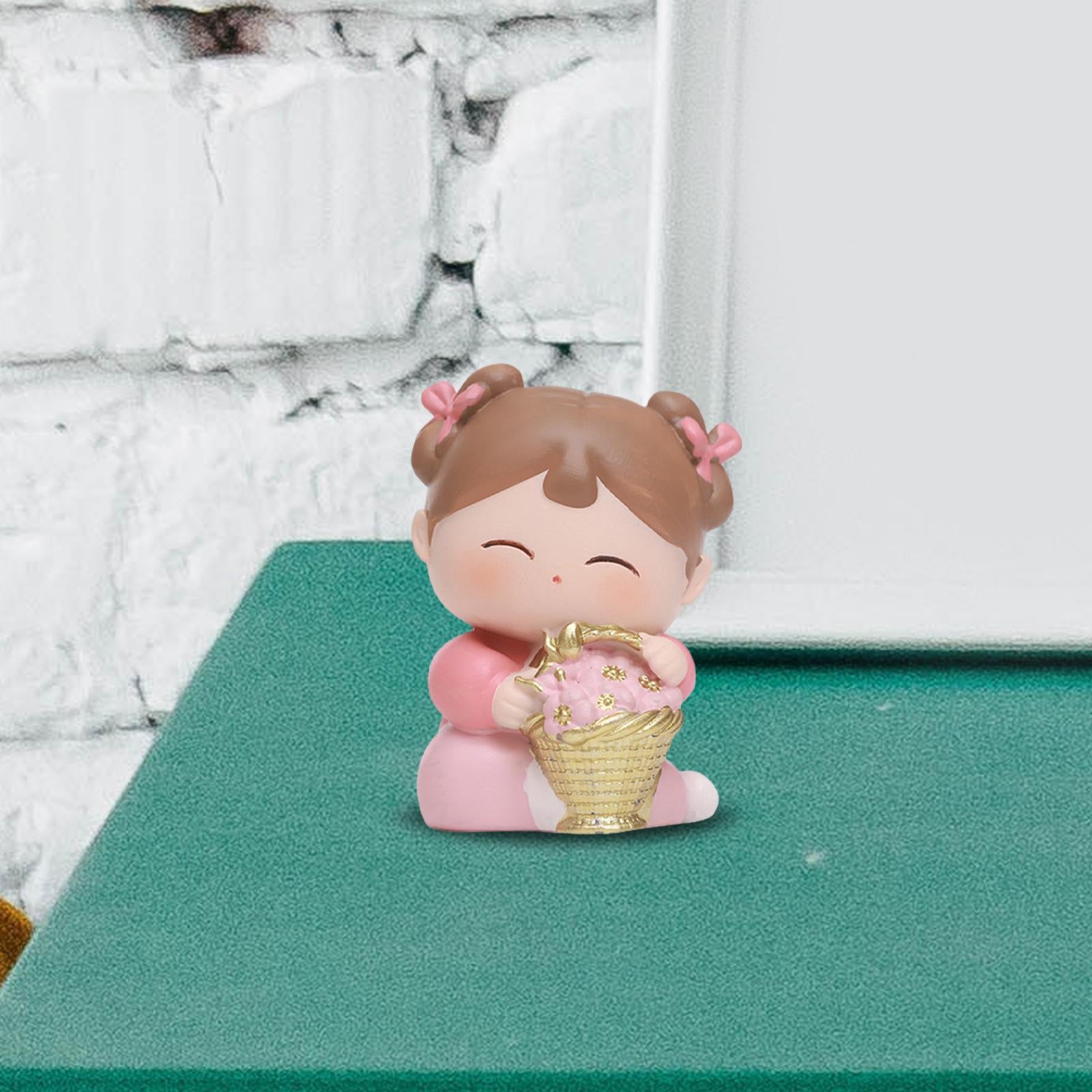 Traditional Chinese Girls Statue Resin Sculpture Cabinet Miniature Figurines 4cmx3.5cmx6cm with Flower Basket
