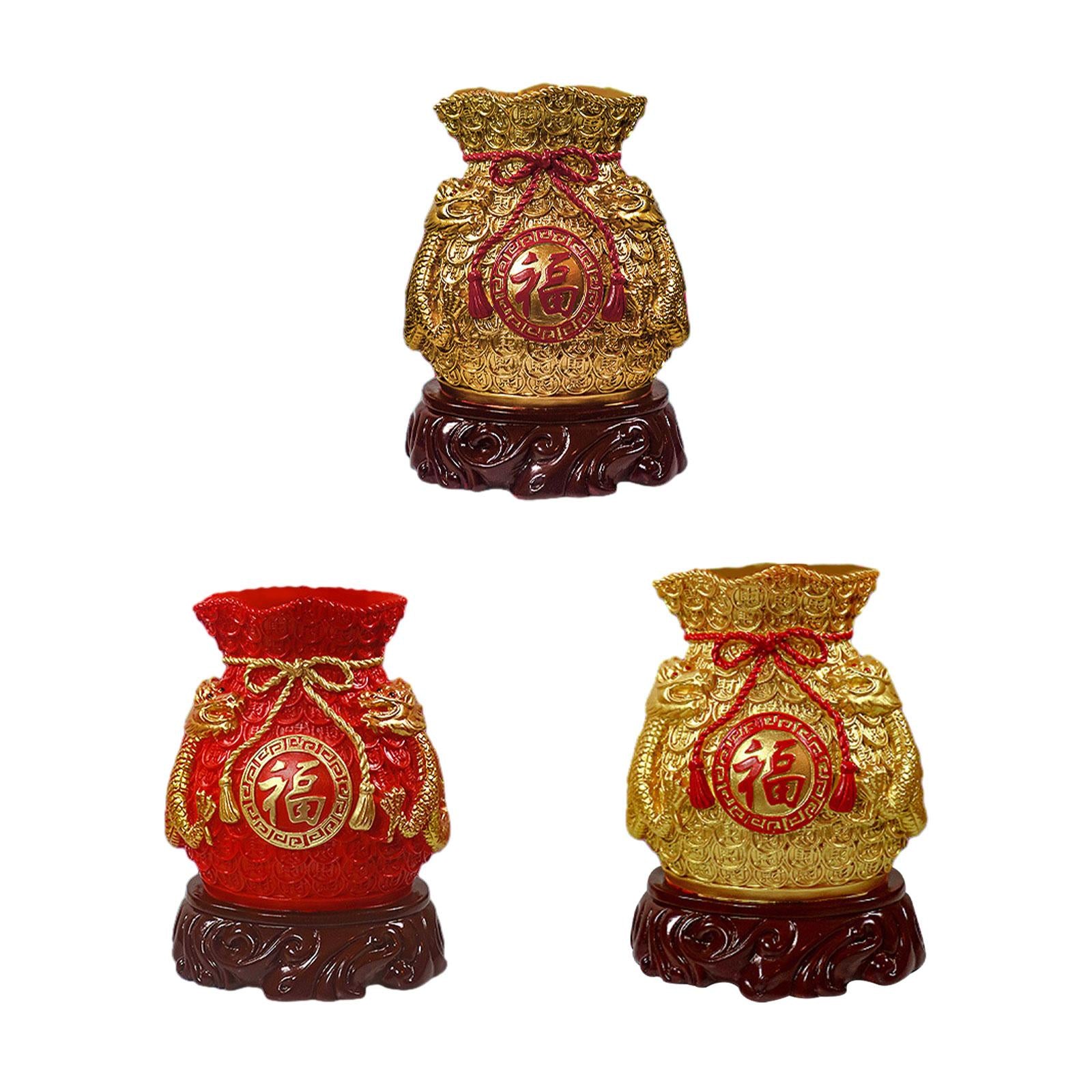 Chinese New Year Feng Shui Blessing Bag Vase Decor Sculpture for Living Room Dark Gold