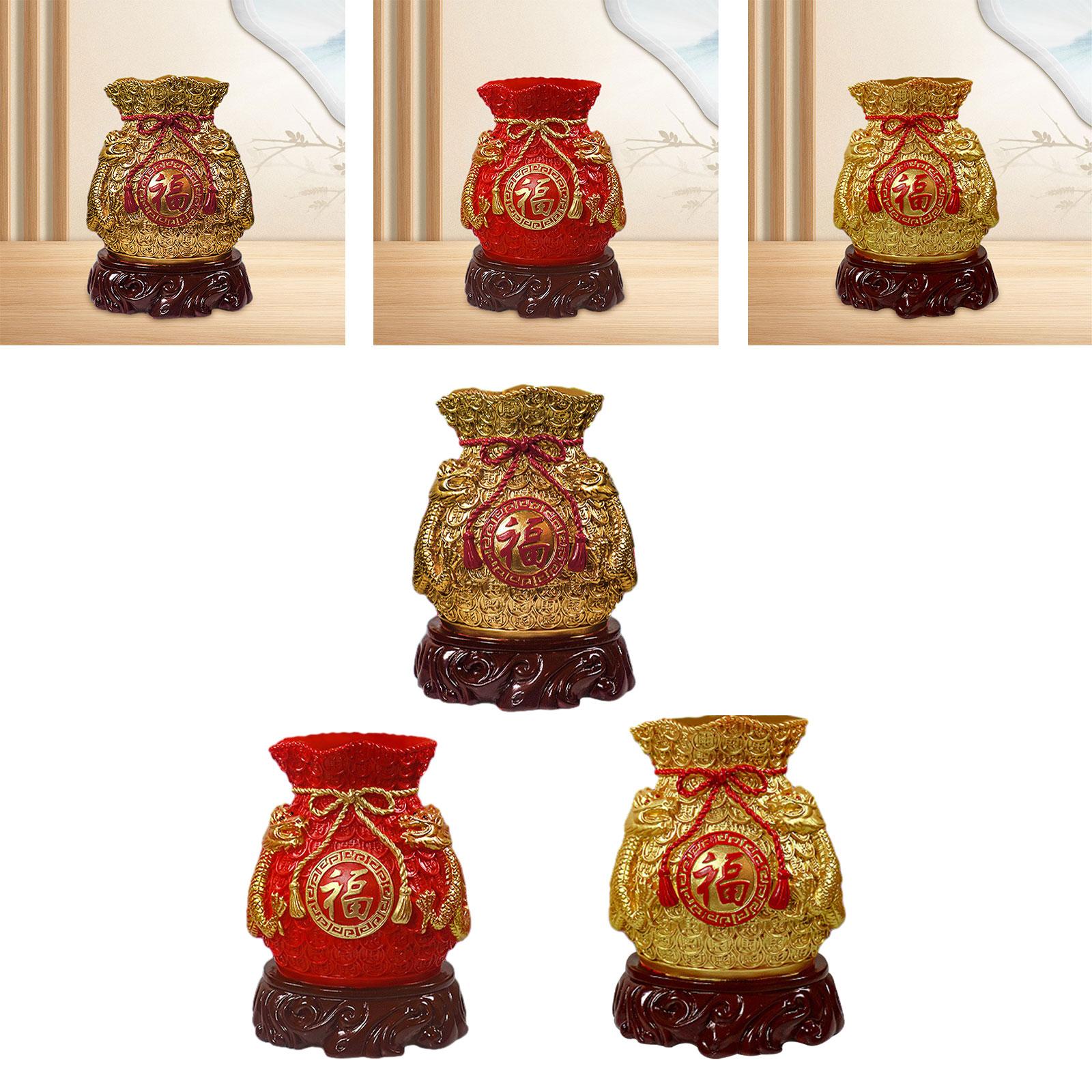 Chinese New Year Feng Shui Blessing Bag Vase Decor Sculpture for Living Room Dark Gold