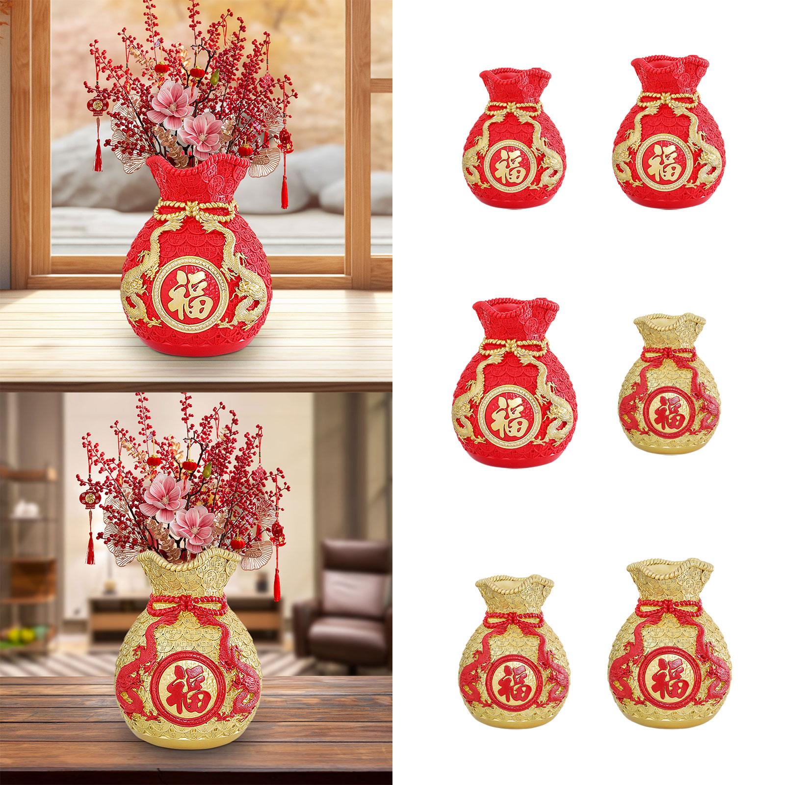 Feng Shui Money Bag Statue Flower Vase for Living Room Spring Festival Shelf Red S
