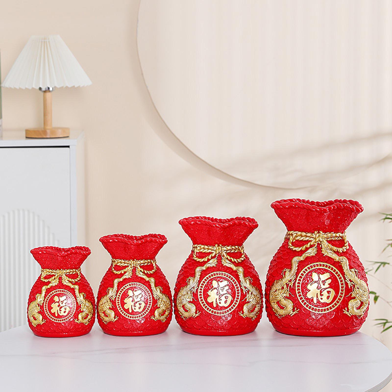 Feng Shui Money Bag Statue Flower Vase for Living Room Spring Festival Shelf Red S