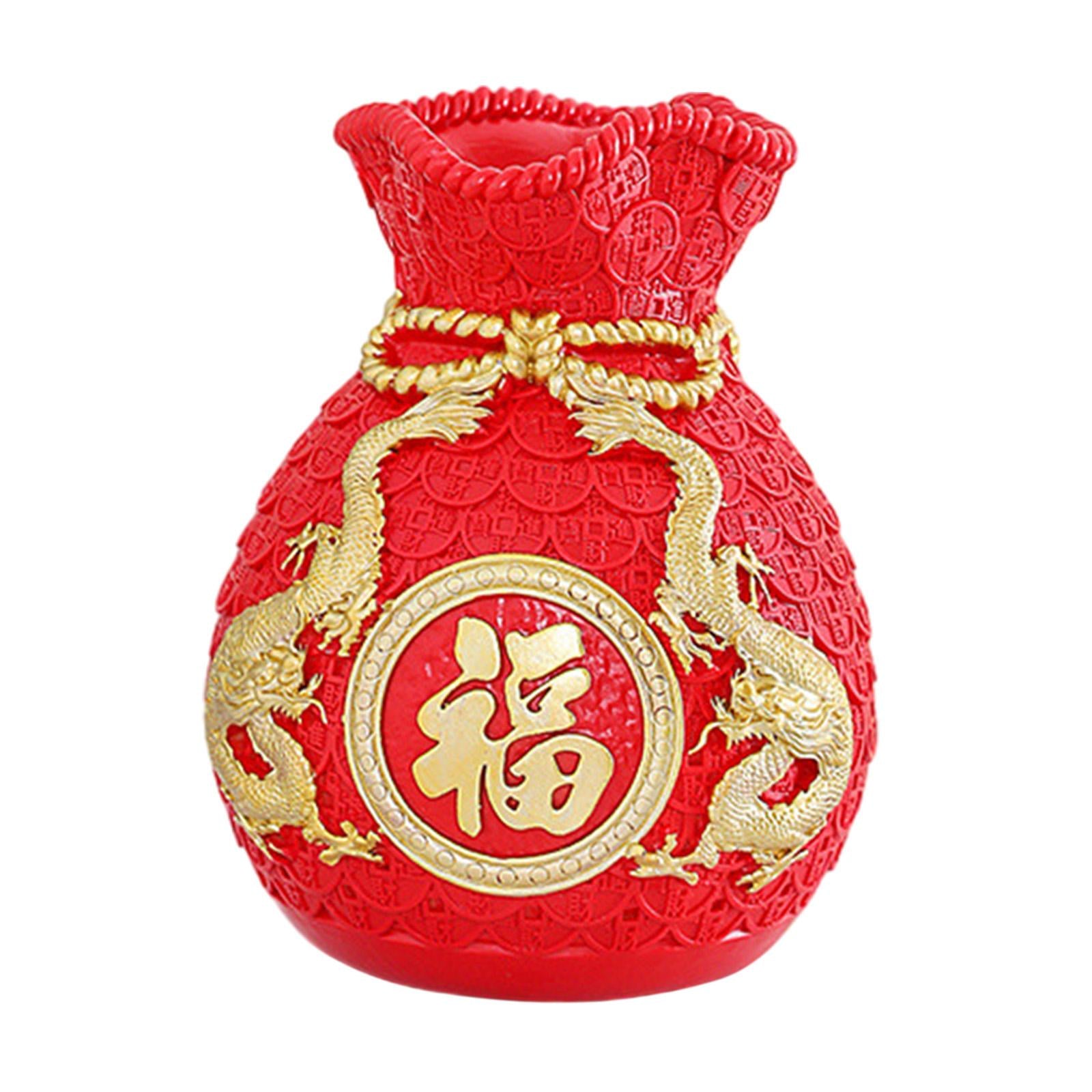 Feng Shui Money Bag Statue Flower Vase for Living Room Spring Festival Shelf Red M