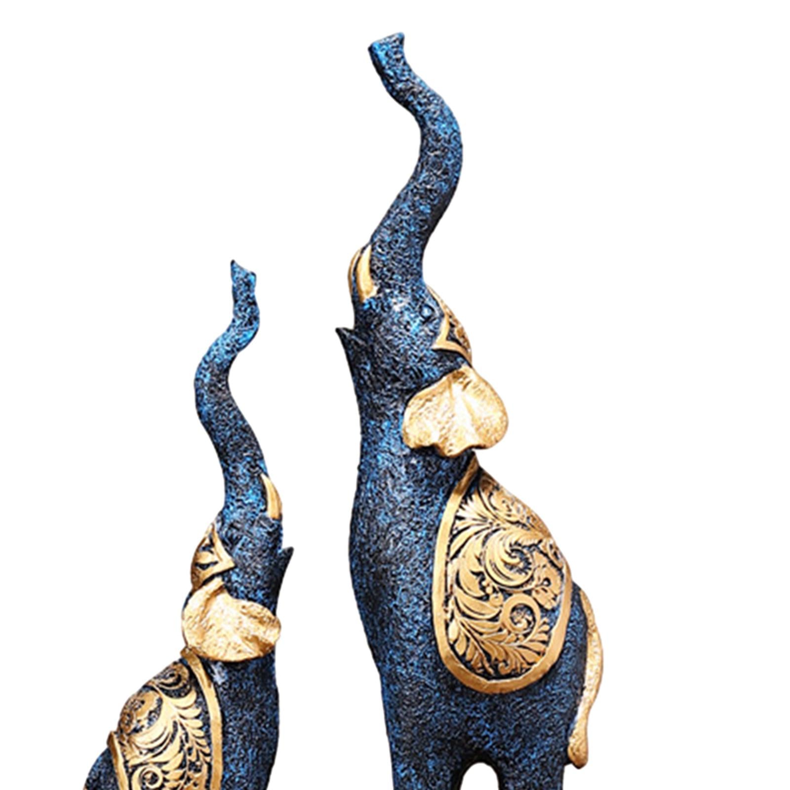2Pcs Couple Elephants Statue Animal Sculpture Ornaments for Tabletop Bedroom