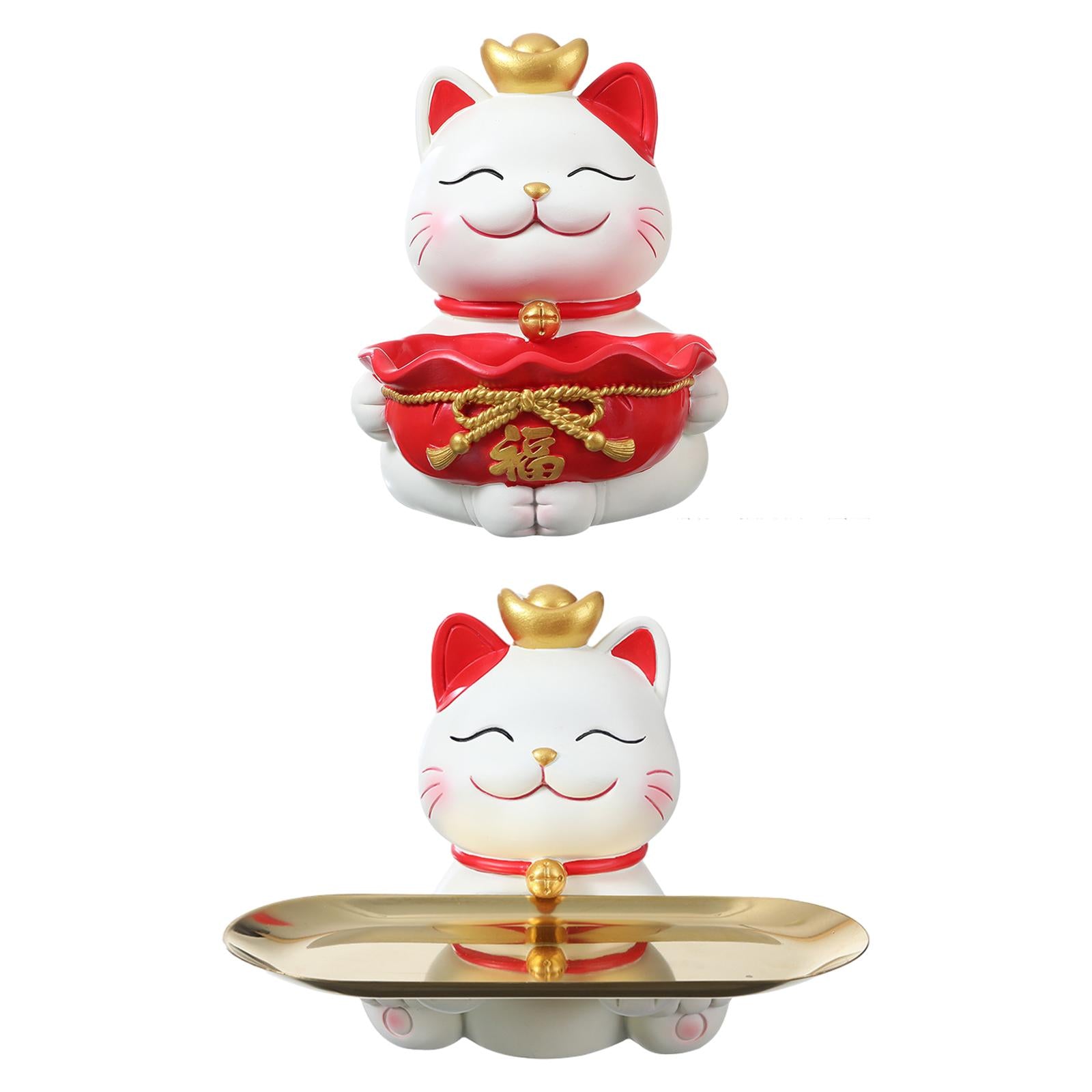Cute Lucky Cat Statue Craft Ornament Sundries Container Decorative with Tray round tray