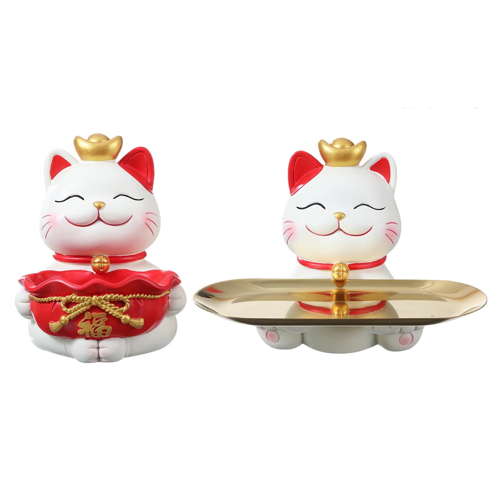 Cute Lucky Cat Statue Craft Ornament Sundries Container Decorative with Tray round tray