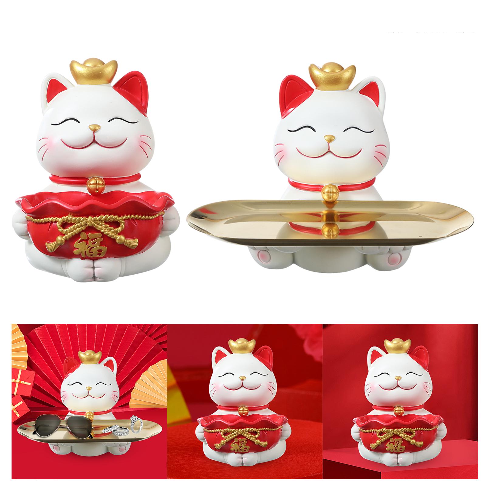 Cute Lucky Cat Statue Craft Ornament Sundries Container Decorative with Tray round tray