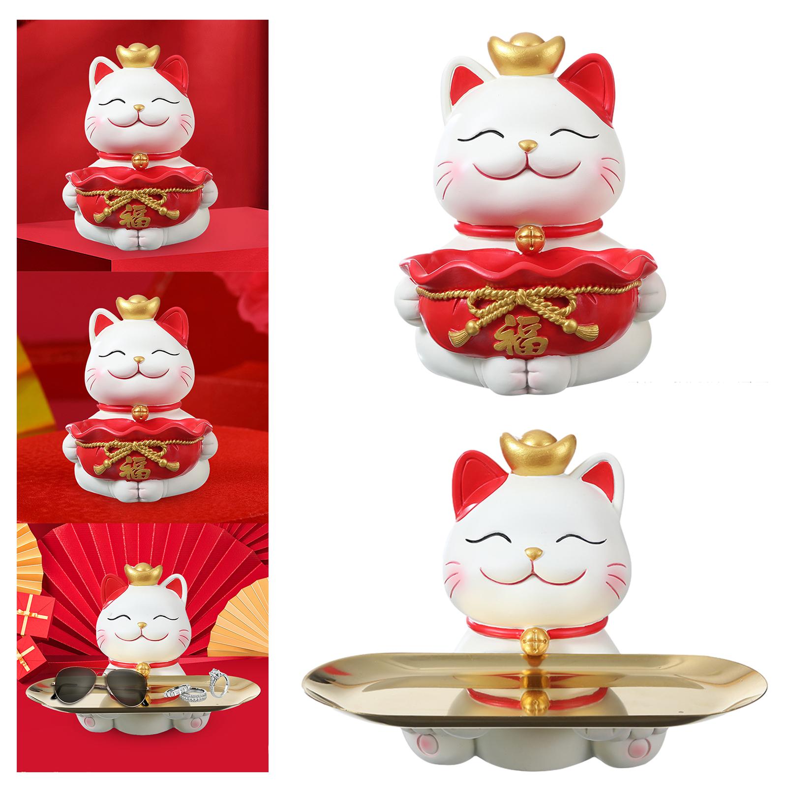 Cute Lucky Cat Statue Craft Ornament Sundries Container Decorative with Tray round tray