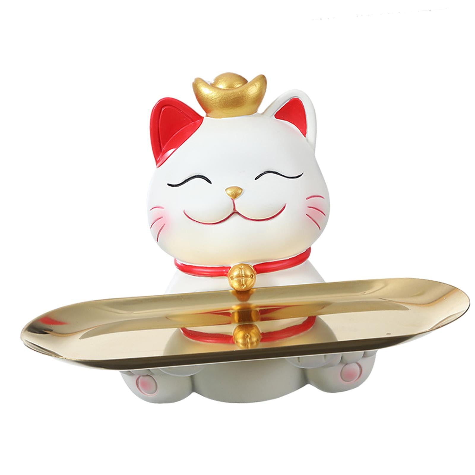 Cute Lucky Cat Statue Craft Ornament Sundries Container Decorative with Tray round tray