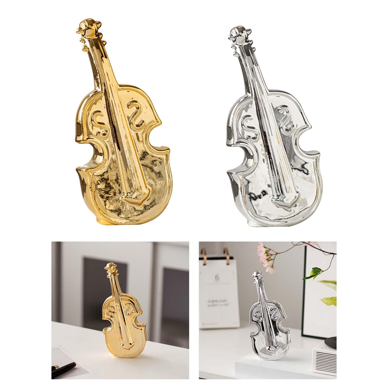 Violin Sculpture Ceramic Novelty Modern Statue for Bedroom Living Room Shelf Gold