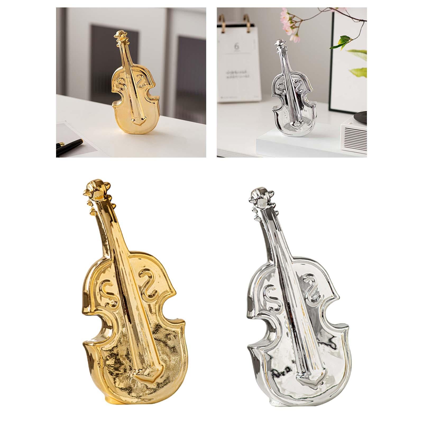 Violin Sculpture Ceramic Novelty Modern Statue for Bedroom Living Room Shelf Gold