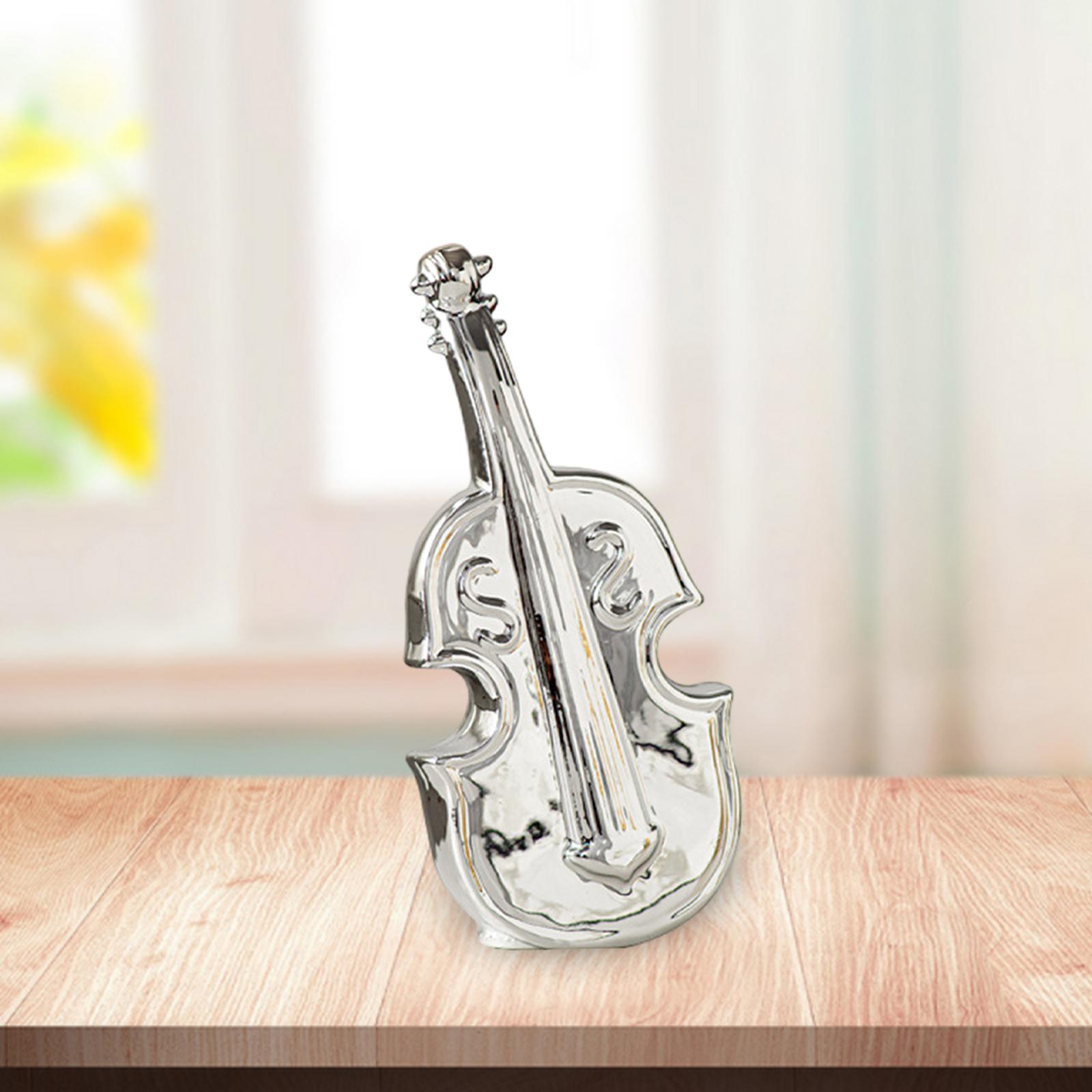 Violin Sculpture Ceramic Novelty Modern Statue for Bedroom Living Room Shelf Silver