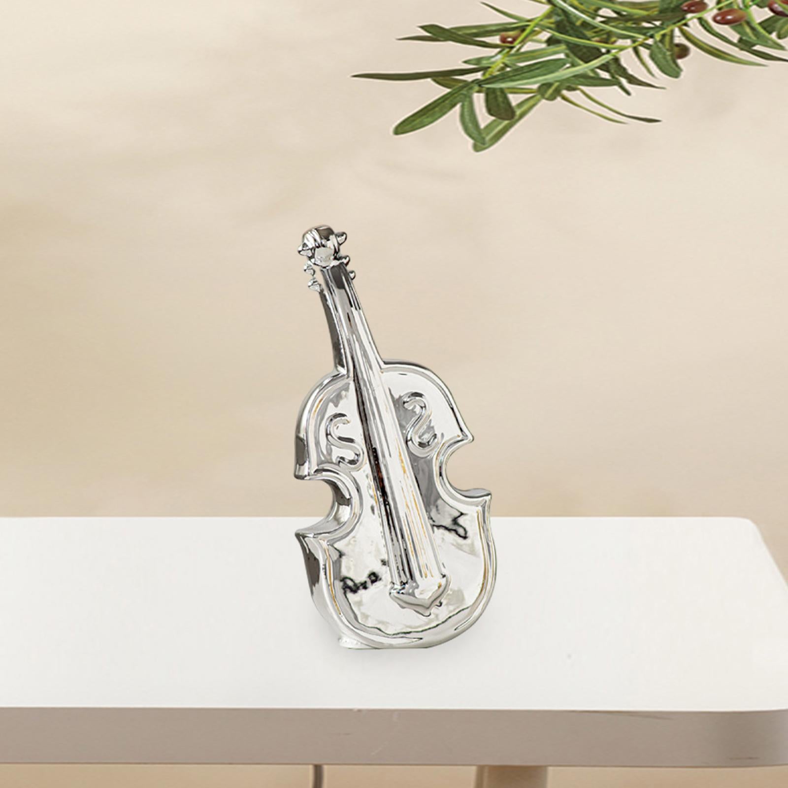 Violin Sculpture Ceramic Novelty Modern Statue for Bedroom Living Room Shelf Silver