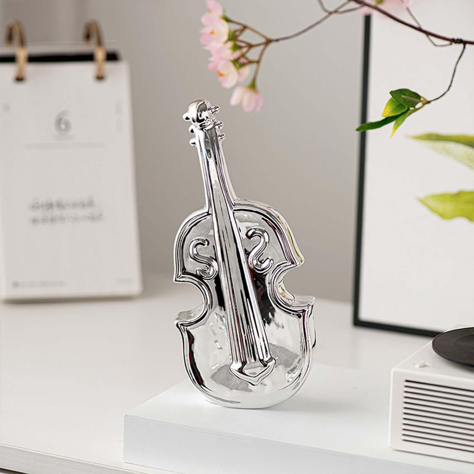 Violin Sculpture Ceramic Novelty Modern Statue for Bedroom Living Room Shelf Silver