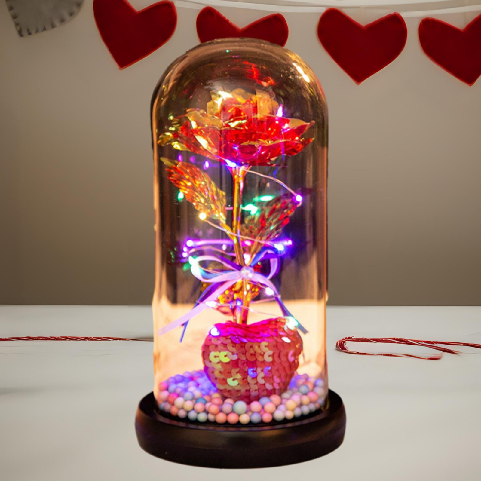 Glass Dome Artificial Flower Light up Flower Gift for Wedding Birthday Party Colorful Lamp