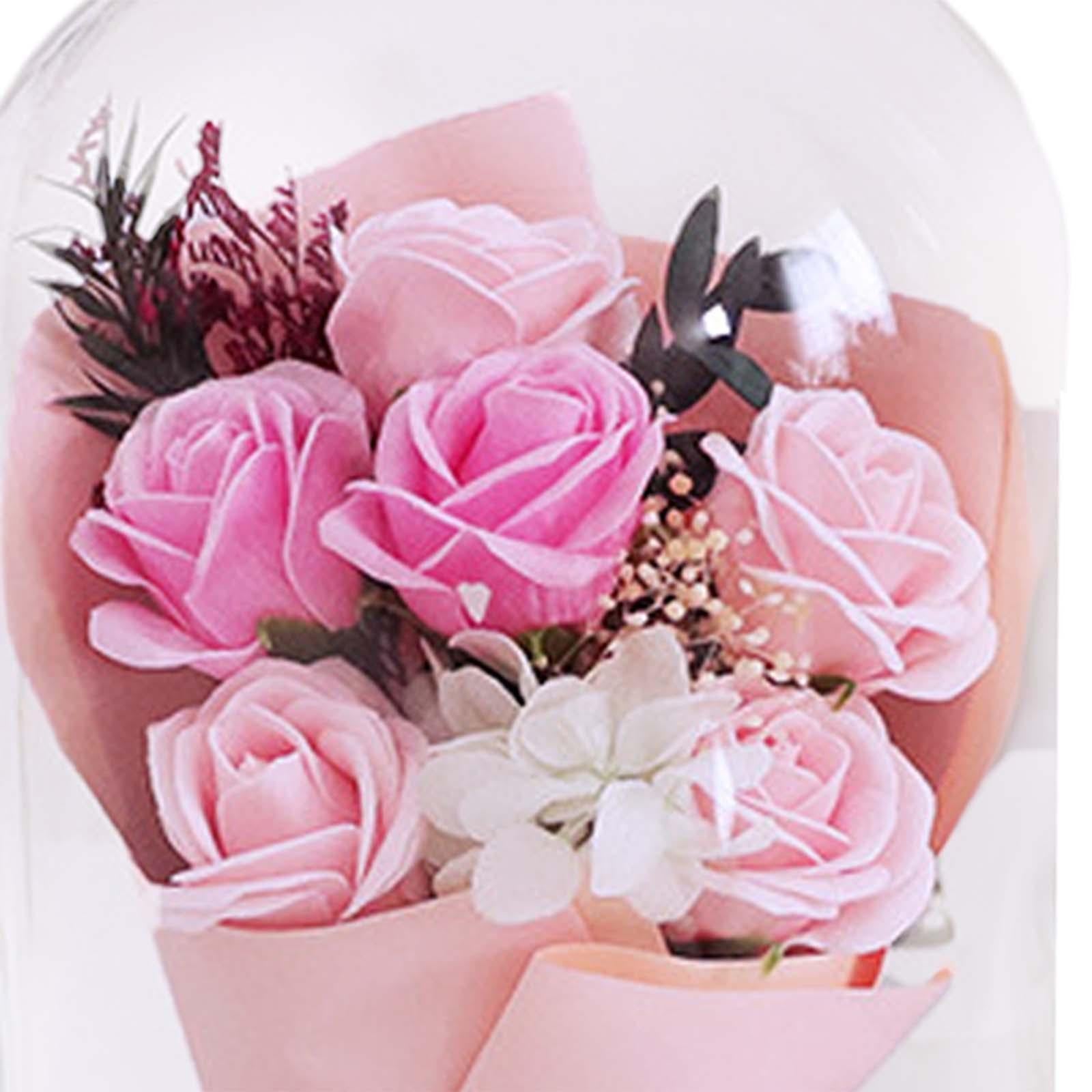 Glass Dome Artificial Flower Valentines Day Decor for Wedding Mother Day Mom Pink