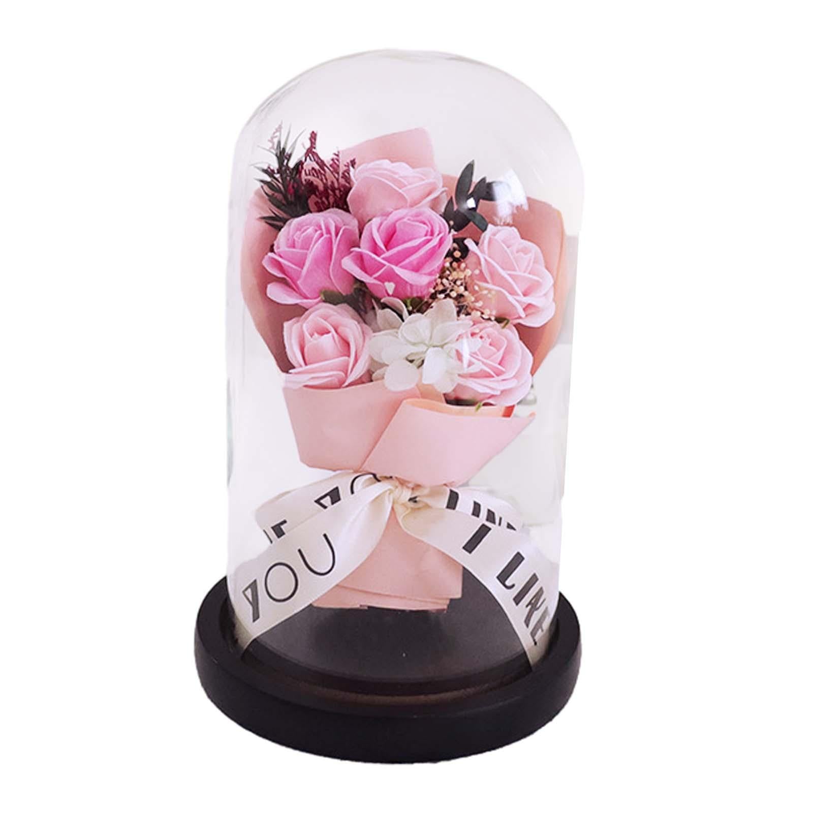 Glass Dome Artificial Flower Valentines Day Decor for Wedding Mother Day Mom Pink