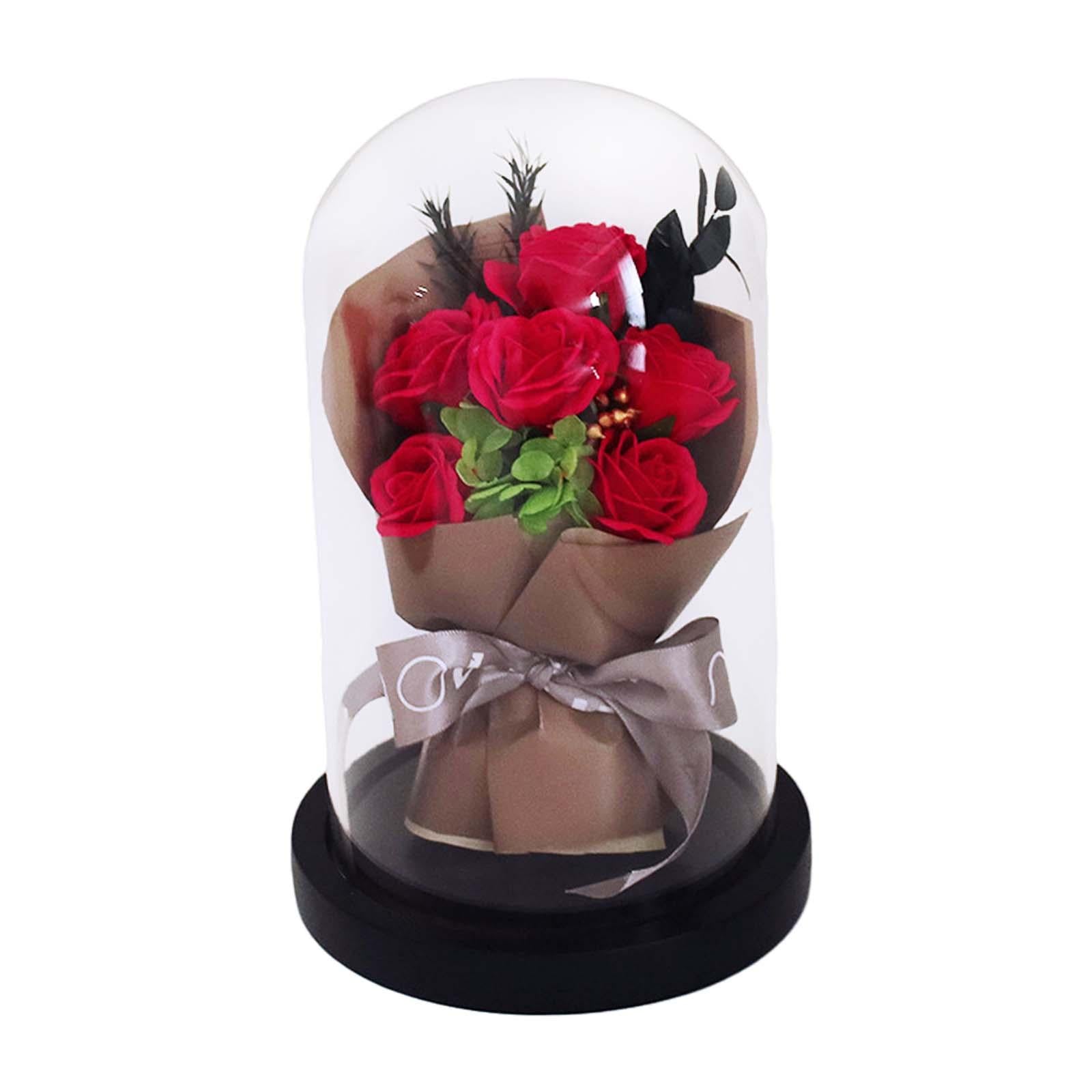 Glass Dome Artificial Flower Valentines Day Decor for Wedding Mother Day Mom Red