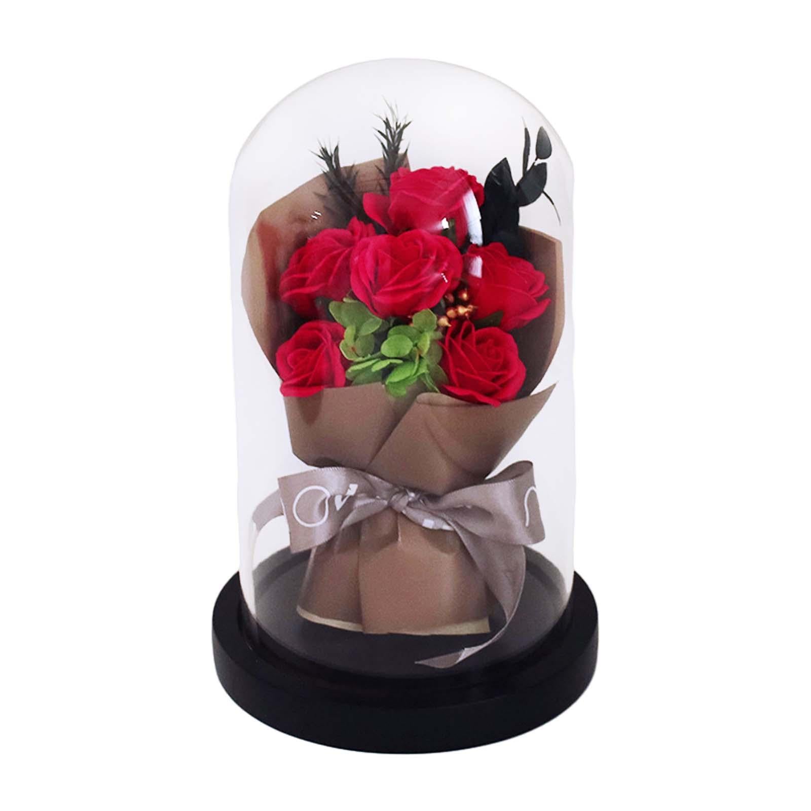 Glass Dome Artificial Flower Valentines Day Decor for Wedding Mother Day Mom Red