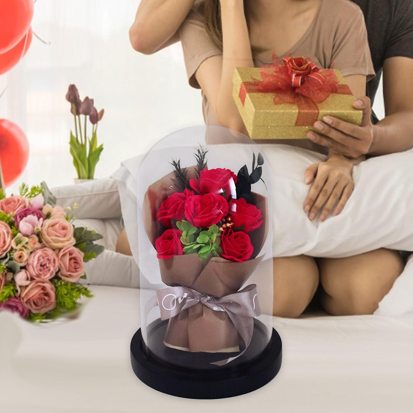 Glass Dome Artificial Flower Valentines Day Decor for Wedding Mother Day Mom Red